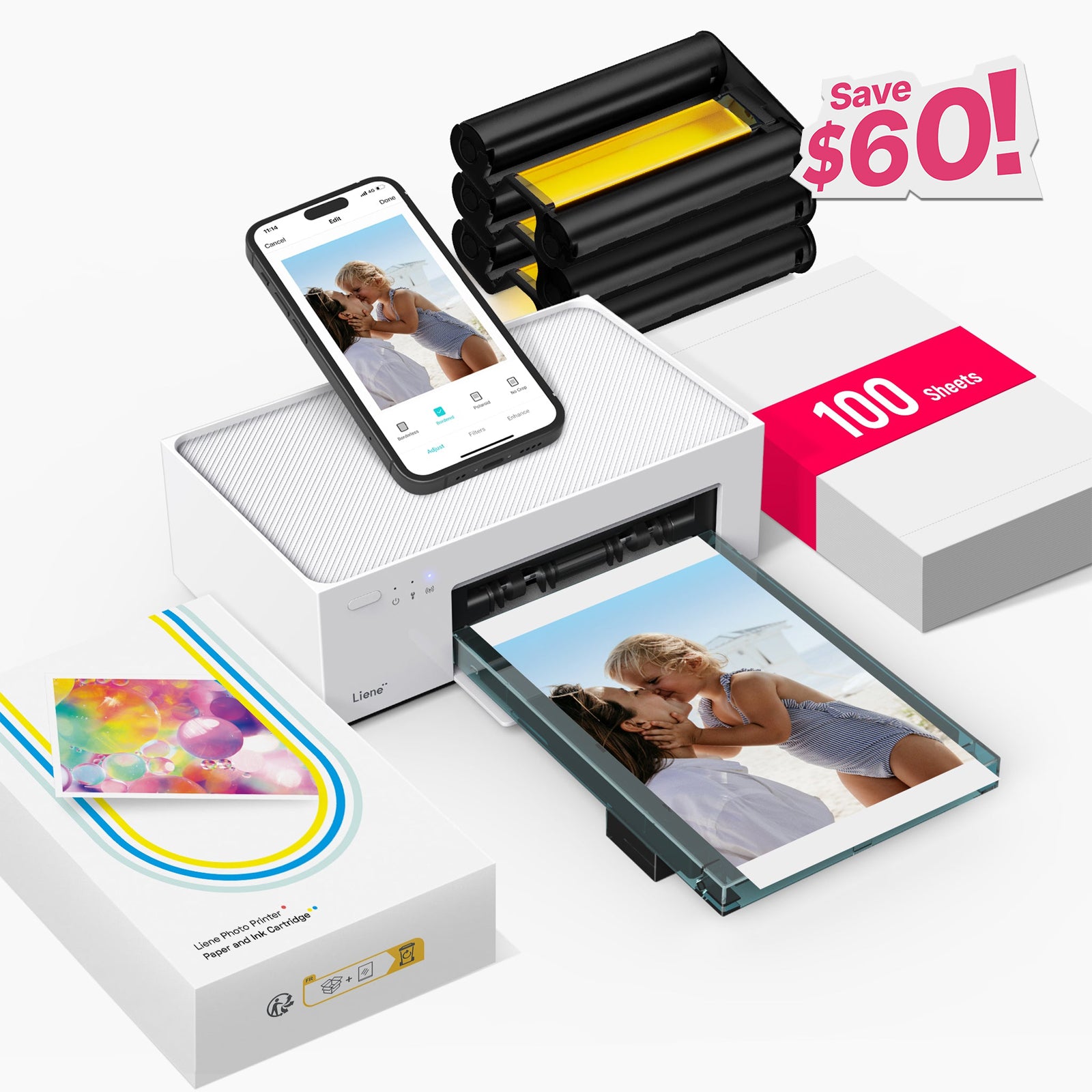 Amber 4x6" Instant Photo Printer M100 (100 Sheets + 3 Cartridges)