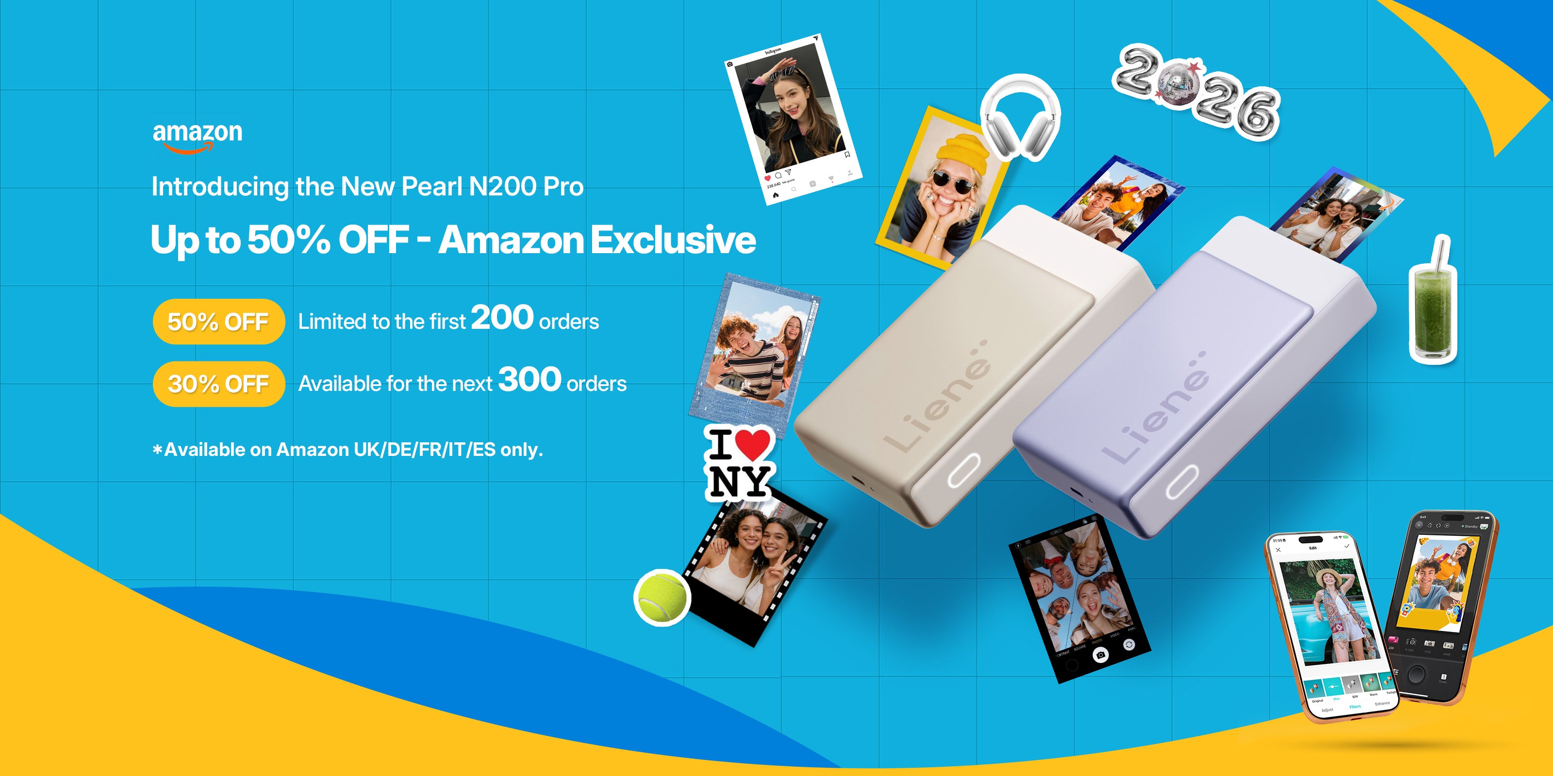 Advertisement for Amazon N200 Pro photo printer with promotional text on a blue and yellow background.