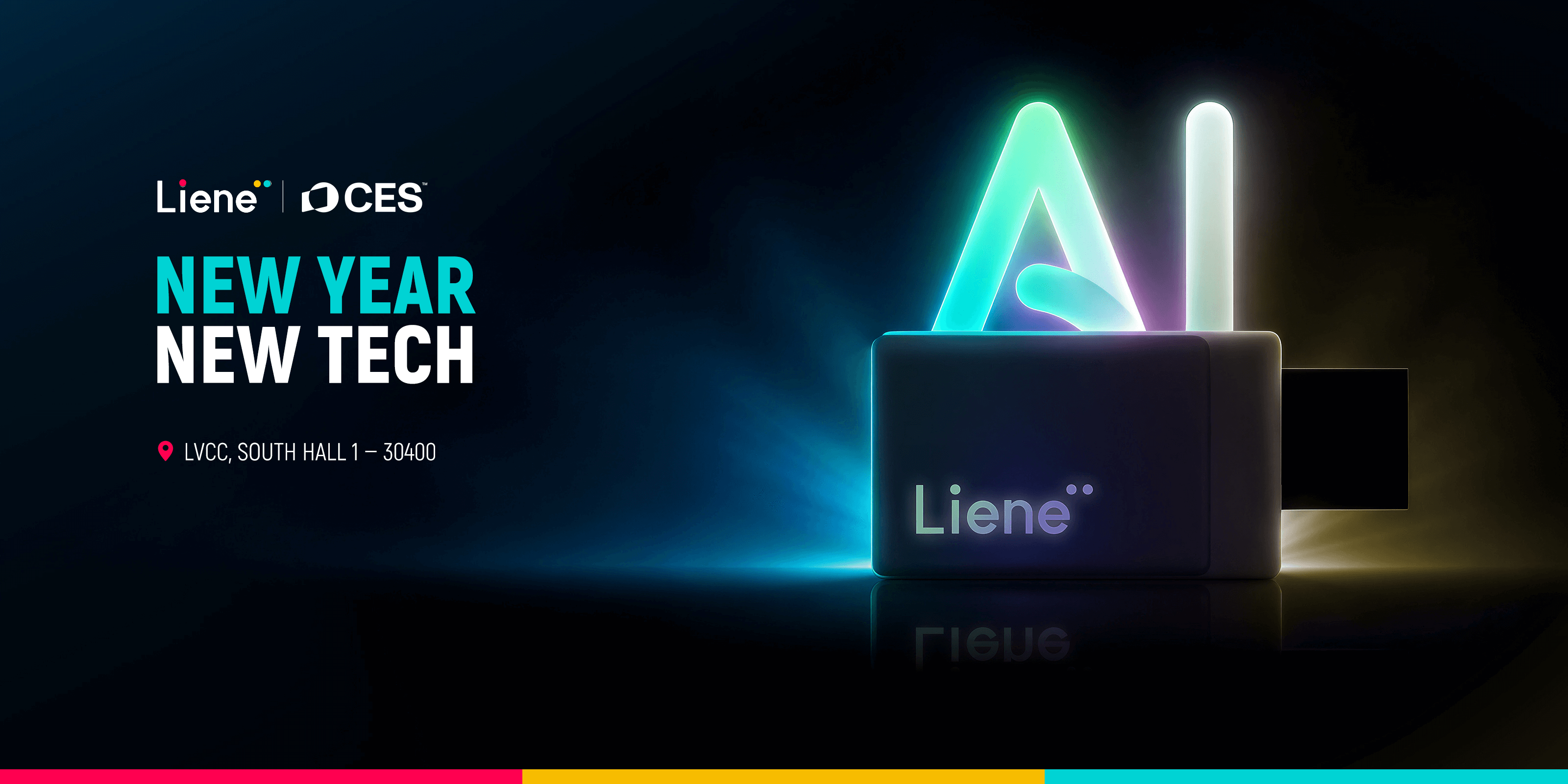 Neon sign with 'Liene' and 'CES' branding on a dark background