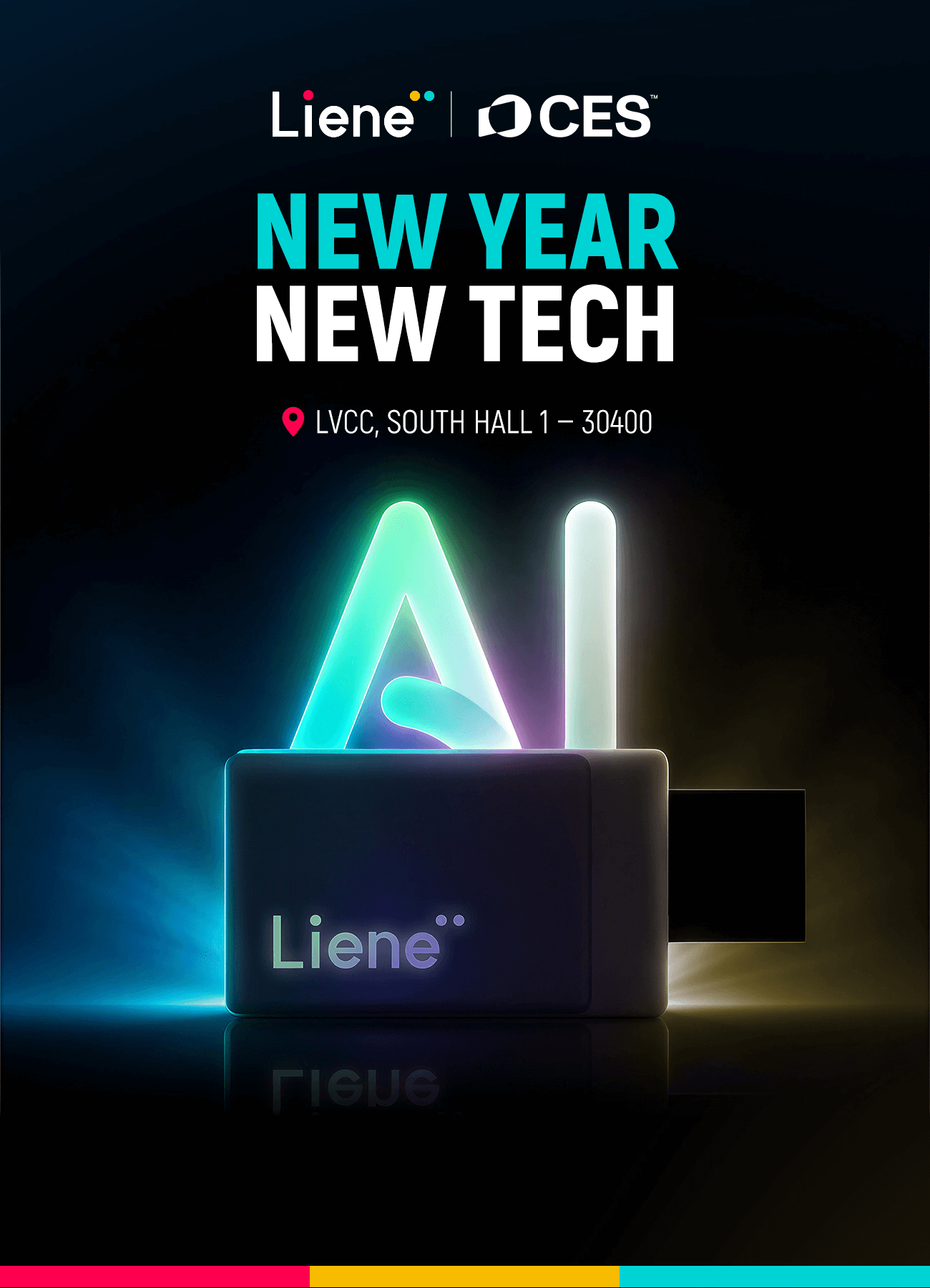 Promotional poster for Liene at CES with 'New Year New Tech' text and AI symbol.