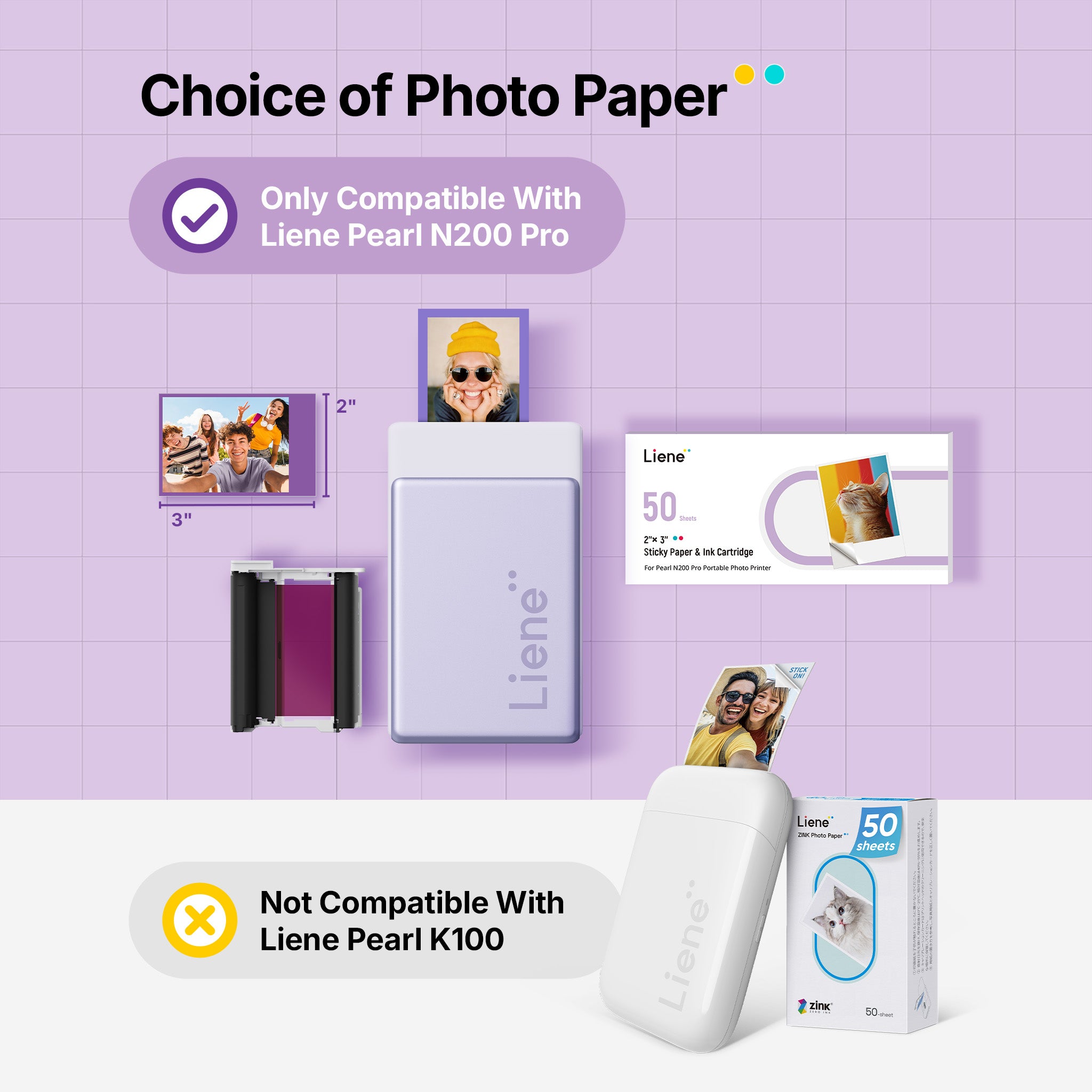 Liene photo paper products on a purple grid background with text indicating compatibility.