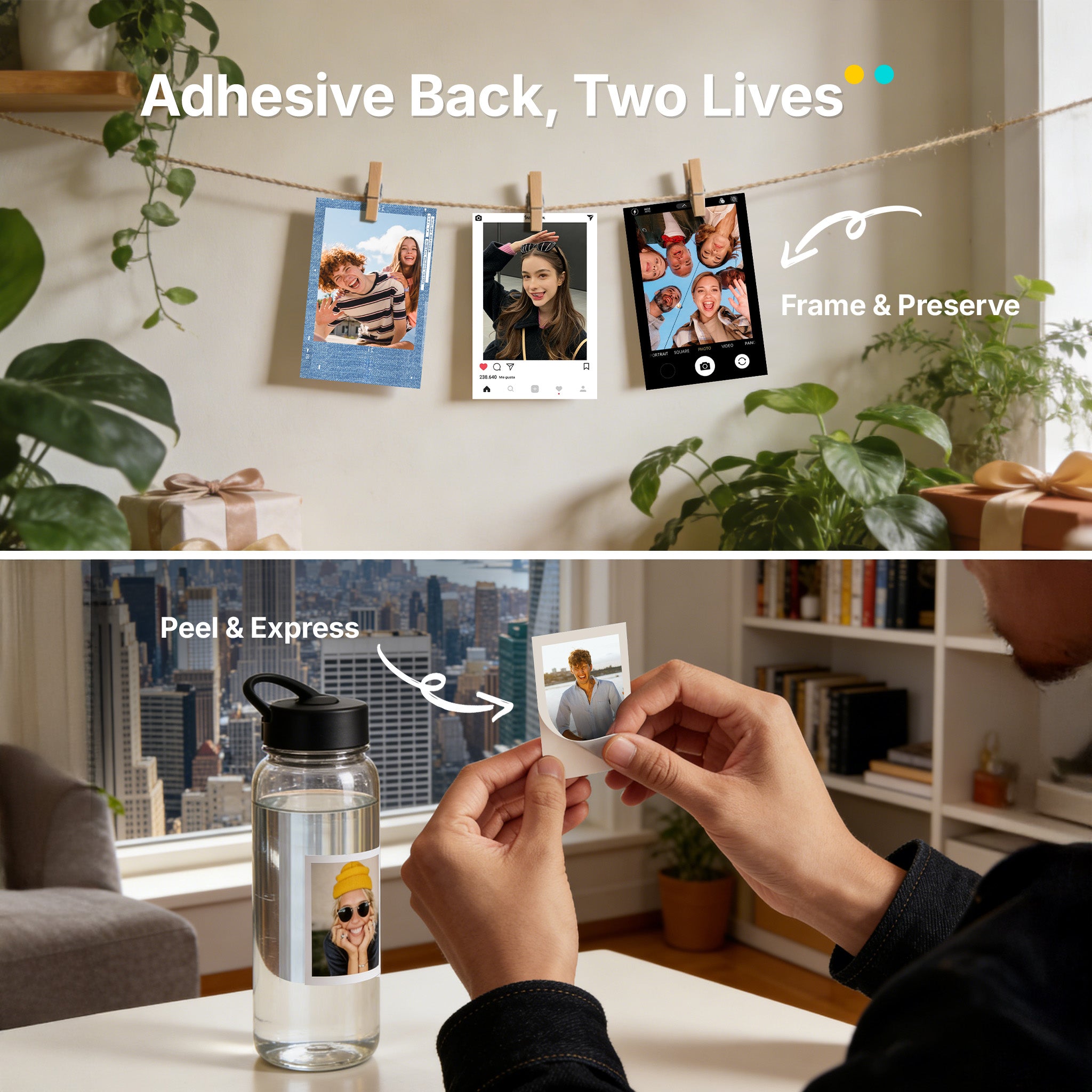 Product advertisement showing photo prints on a wall and being attached to a water bottle.