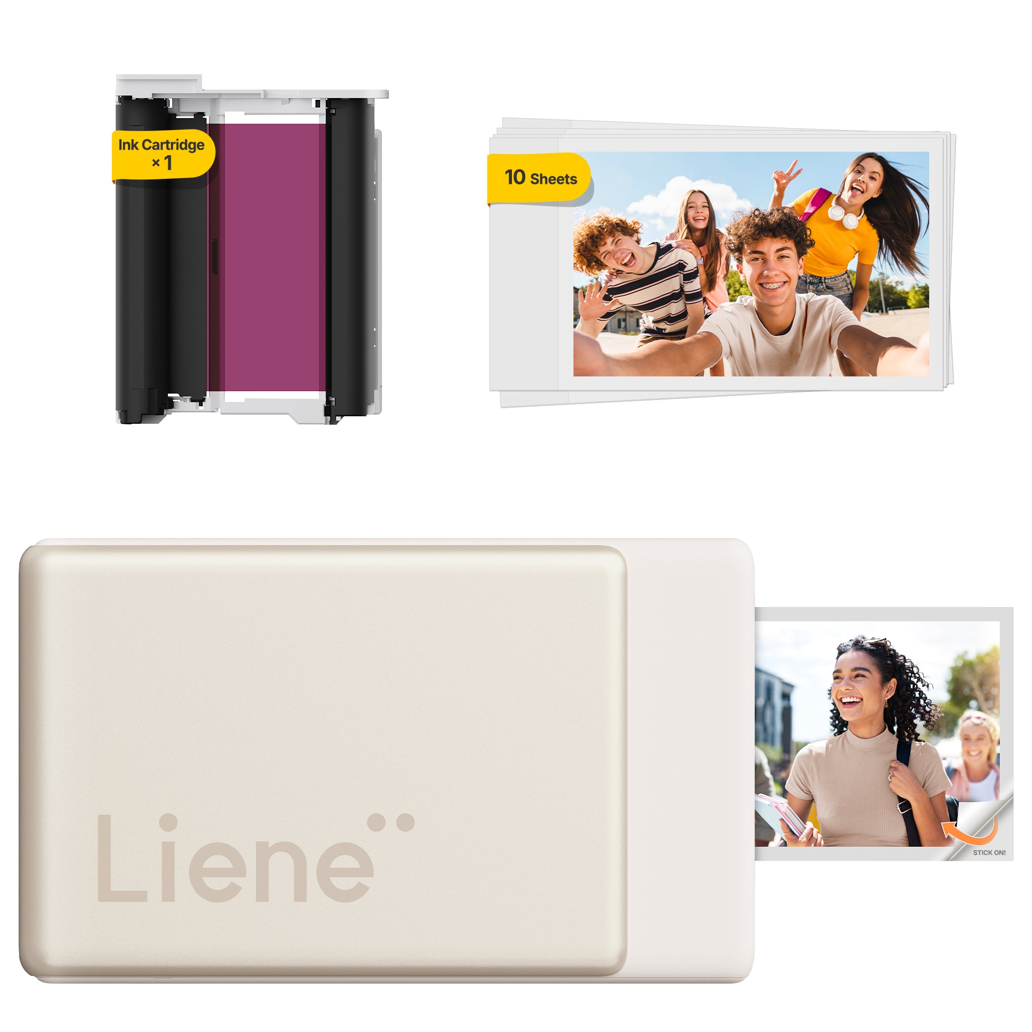 Liene photo printer with ink cartridge and photo sheets on a white background