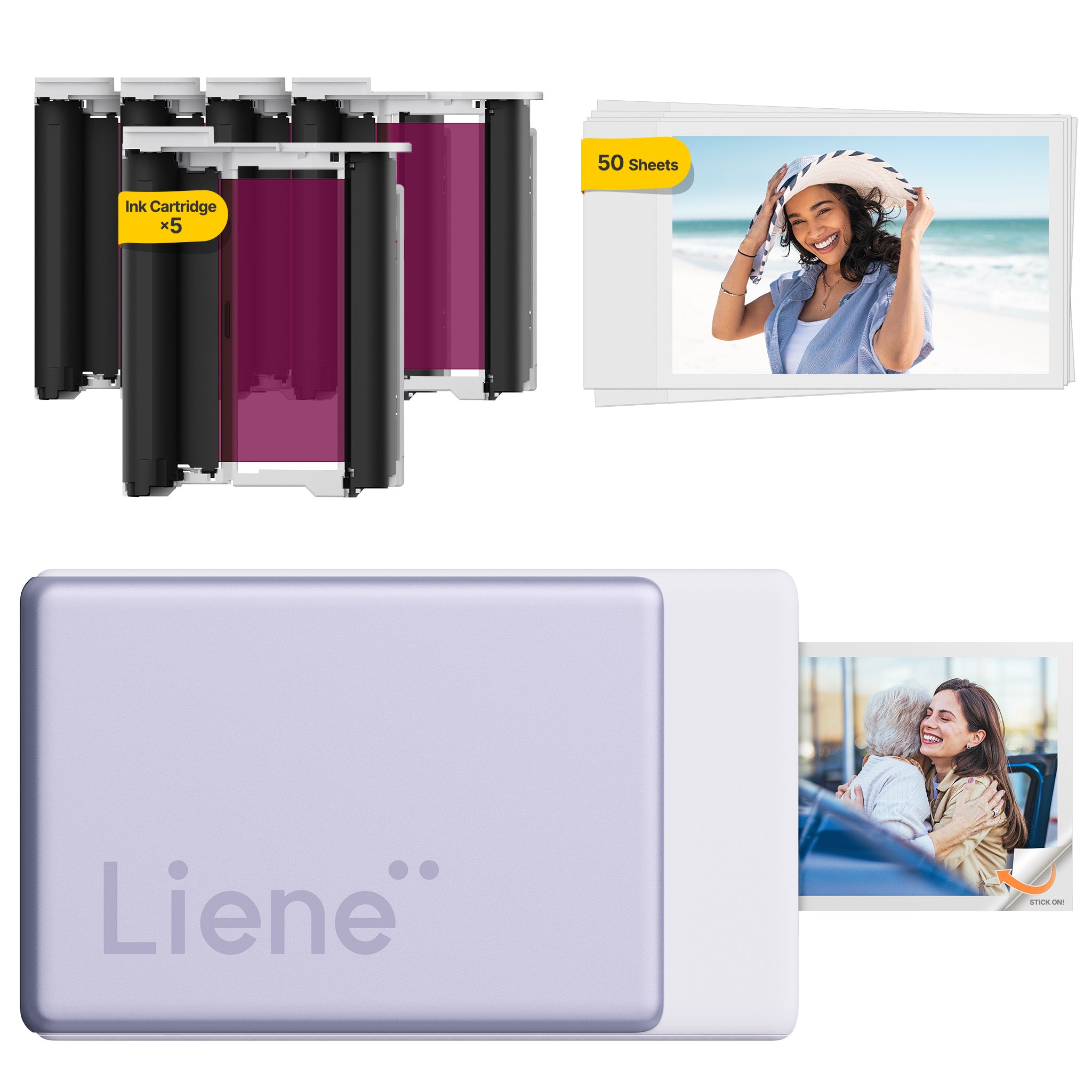 Liene photo printer with ink cartridges and photo paper on a white background
