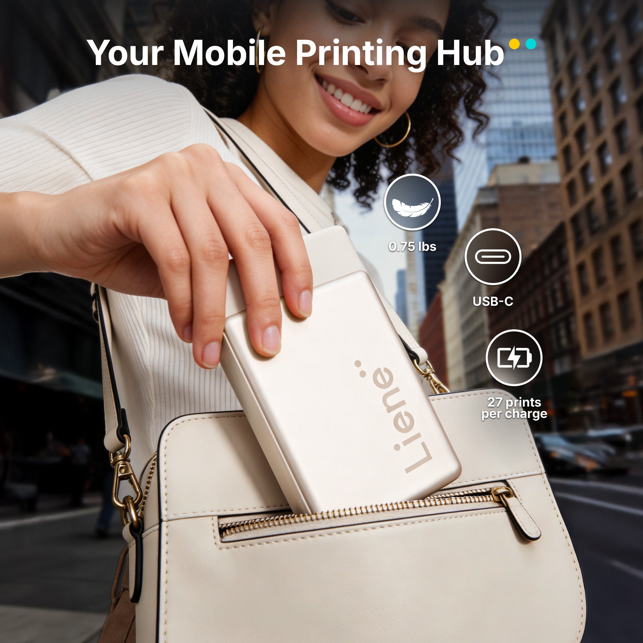 Woman holding a portable printing device with urban background