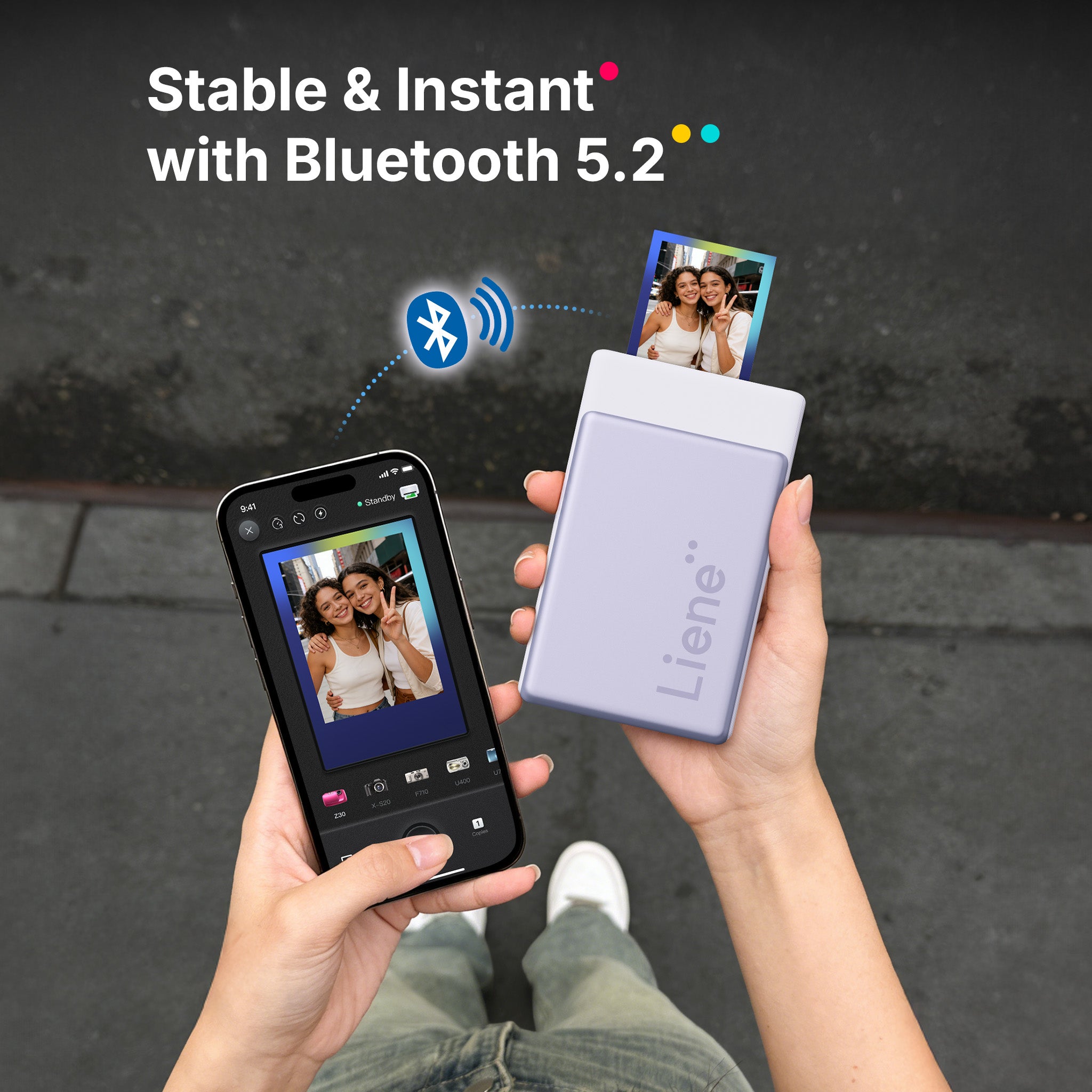 Person holding a smartphone and a Liene device with Bluetooth 5.2 connectivity text.