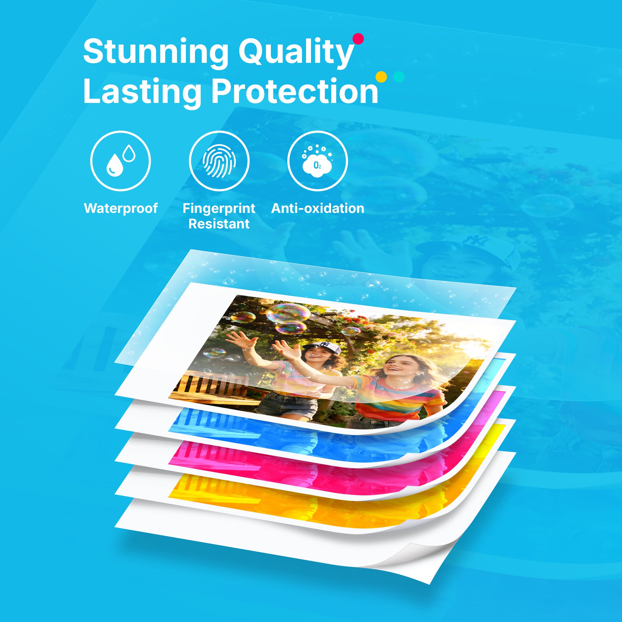 Stack of protective film sheets with a photo of two people on a blue background, featuring text 'Stunning Quality Lasting Protection' and icons for waterproof, fingerprint resistant, and anti-oxidation.