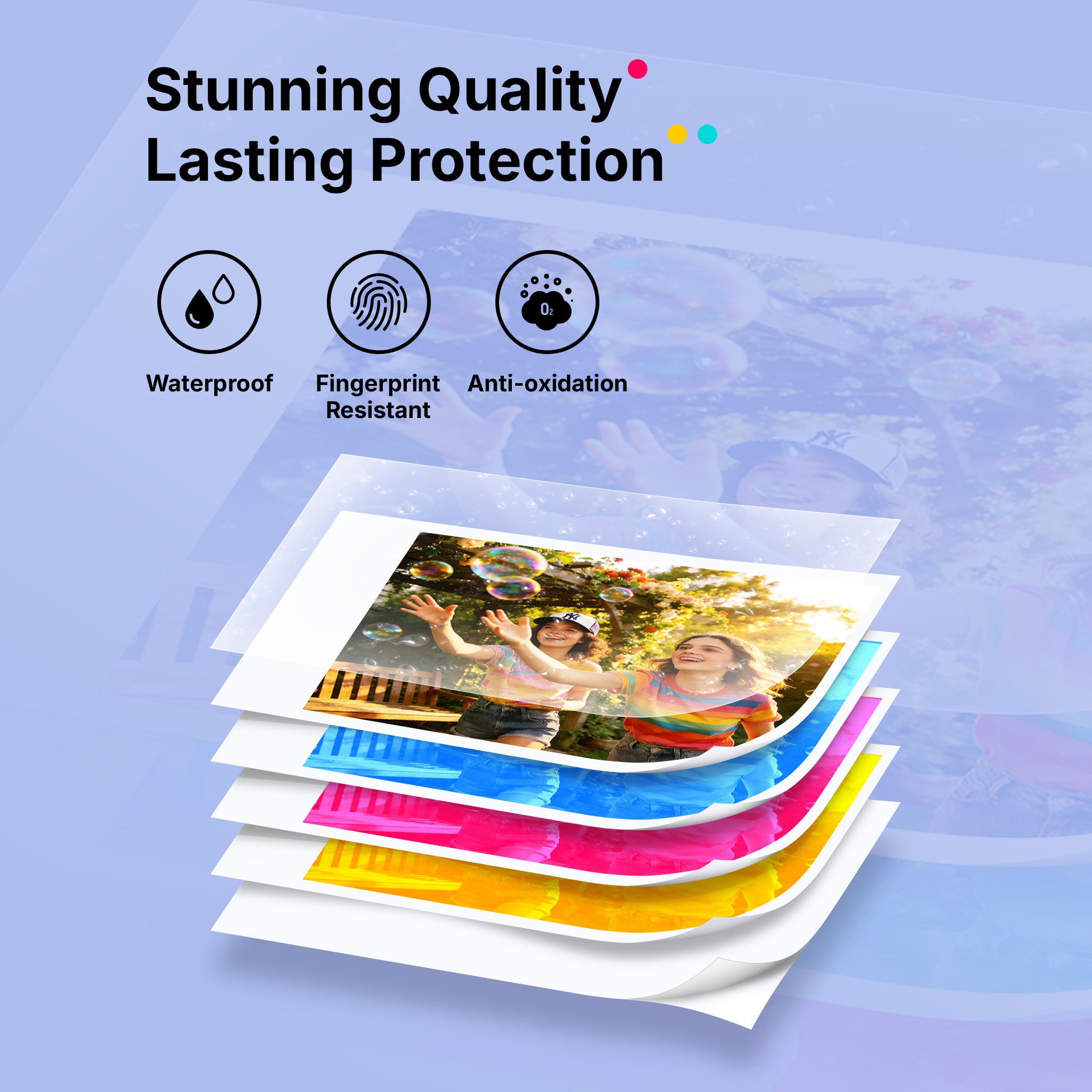 Stack of protective film sheets with a photo of children playing with bubbles, on a light blue background with icons for waterproof, fingerprint resistant, and anti-oxidation.