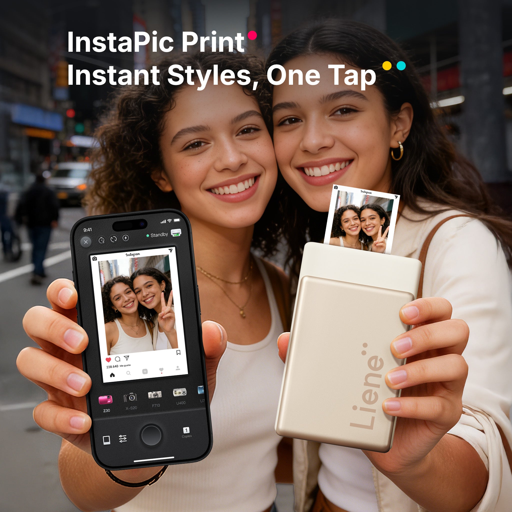Two people holding a phone and a Liane device with an instant photo, against a city street background.
