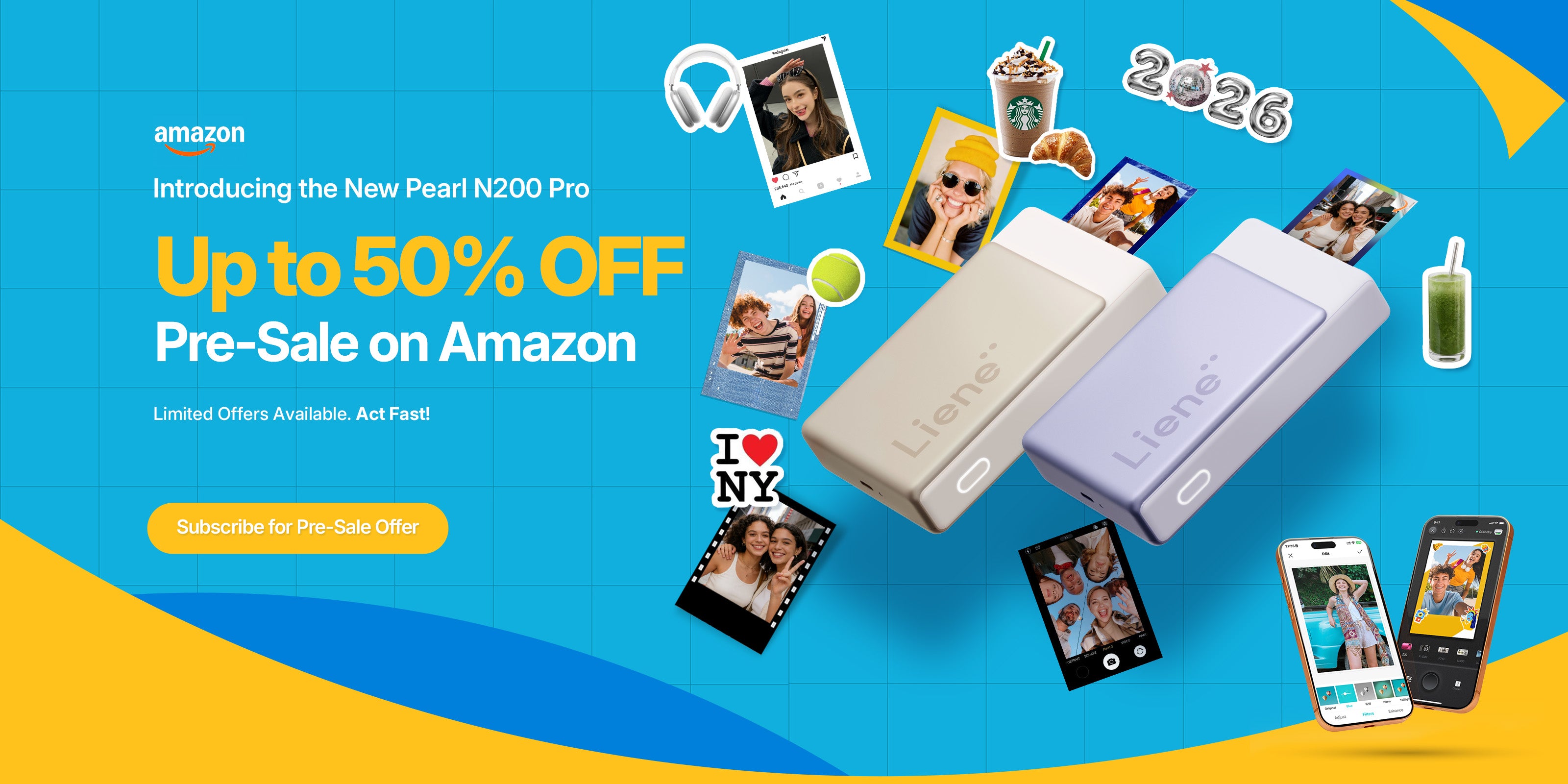 Advertisement for Amazon's New Pearl N200 Pro printer with promotional text and product images on a blue and yellow background.