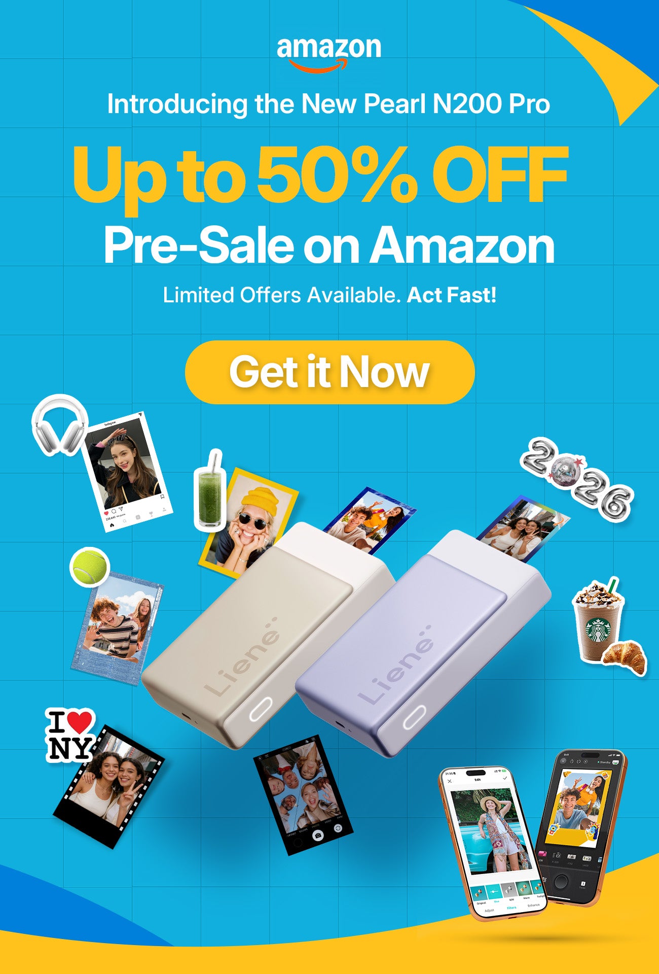 Advertisement for Amazon's New Pearl N200 Pro printer with promotional text and images of the product and its uses.