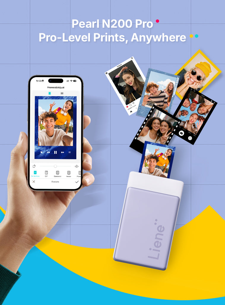 Hand holding a smartphone with an app displaying printed photos, with 'Lien' printer and 'Pearl N200 Pro' text on a blue and yellow background.