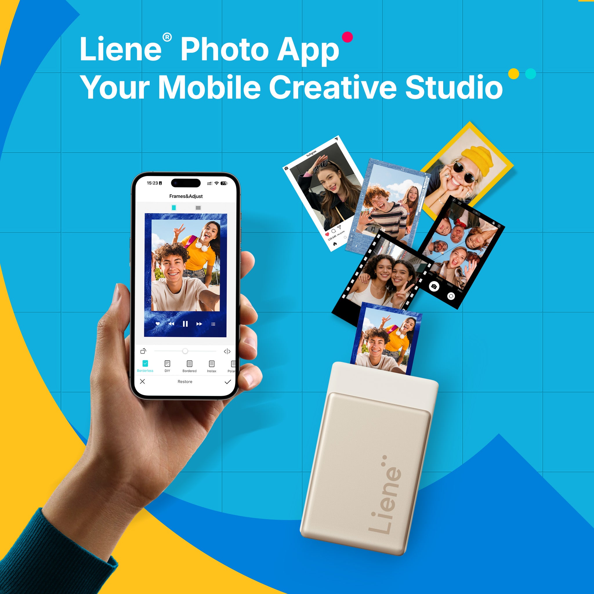 Hand holding a phone displaying the Liené Photo App with images of people on a blue background.
