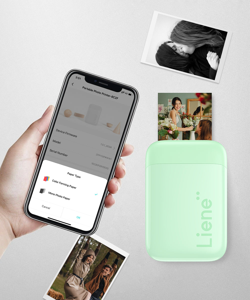 The portable photo printer's sliding cover design lets you change picture papers with one hand