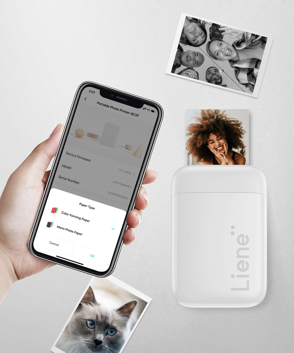 The portable photo printer's sliding cover design lets you change picture papers with one hand