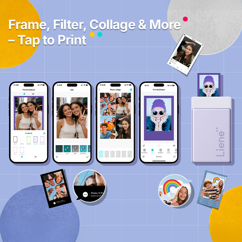 Promotional graphic for a photo editing app with smartphone screens and printed photos on a blue background.