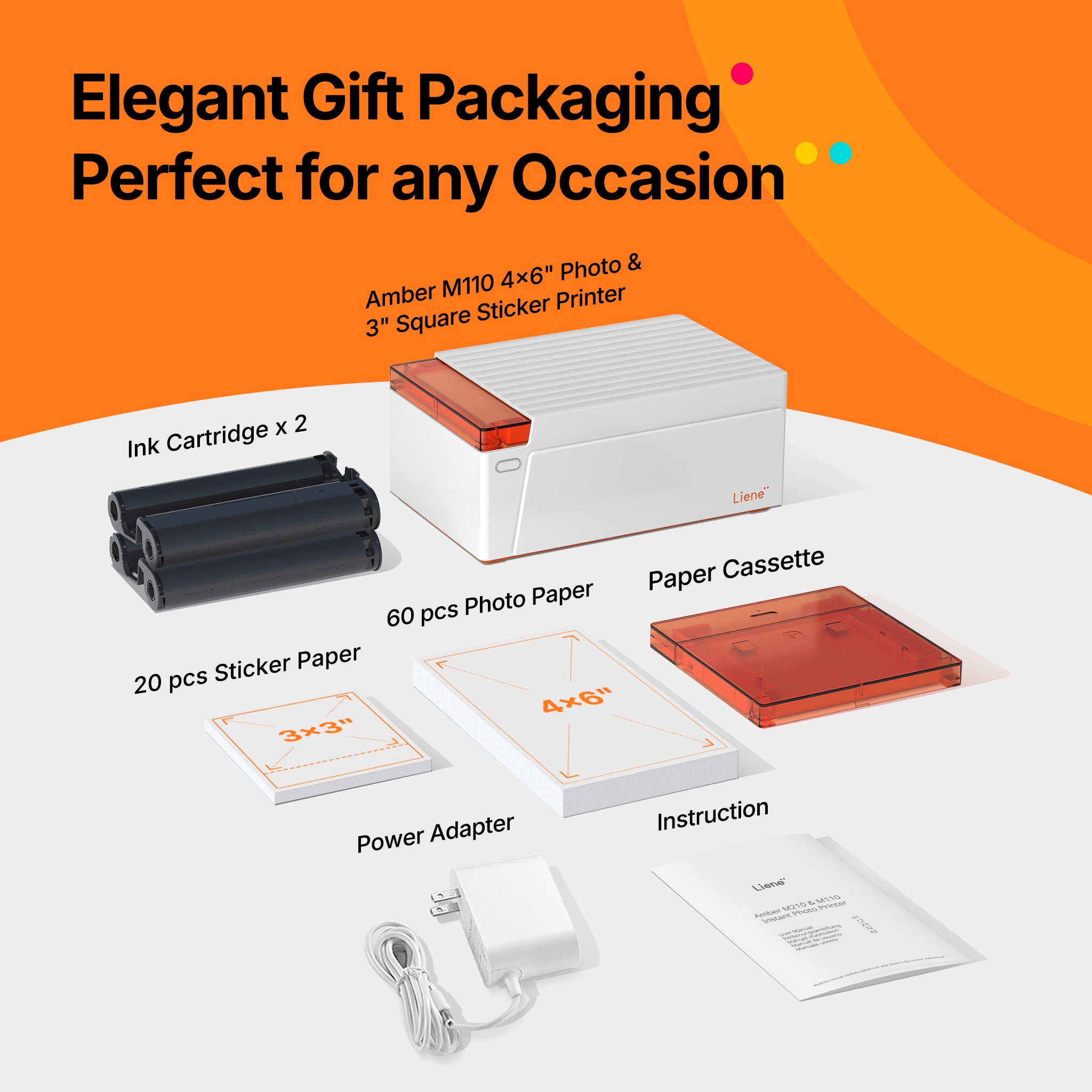 Amber M110 Instant Bluetooth Photo Printer (60 Sheets 4x6" Paper & 20 Sheets 3x3" Sticker Paper)