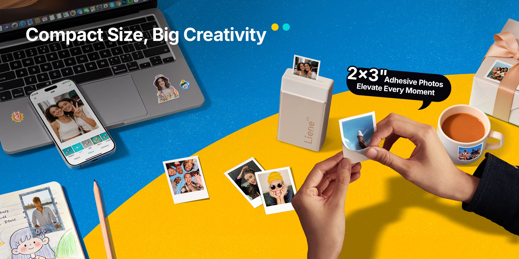 Small photo printer on a table with people using it, surrounded by photos and a laptop.