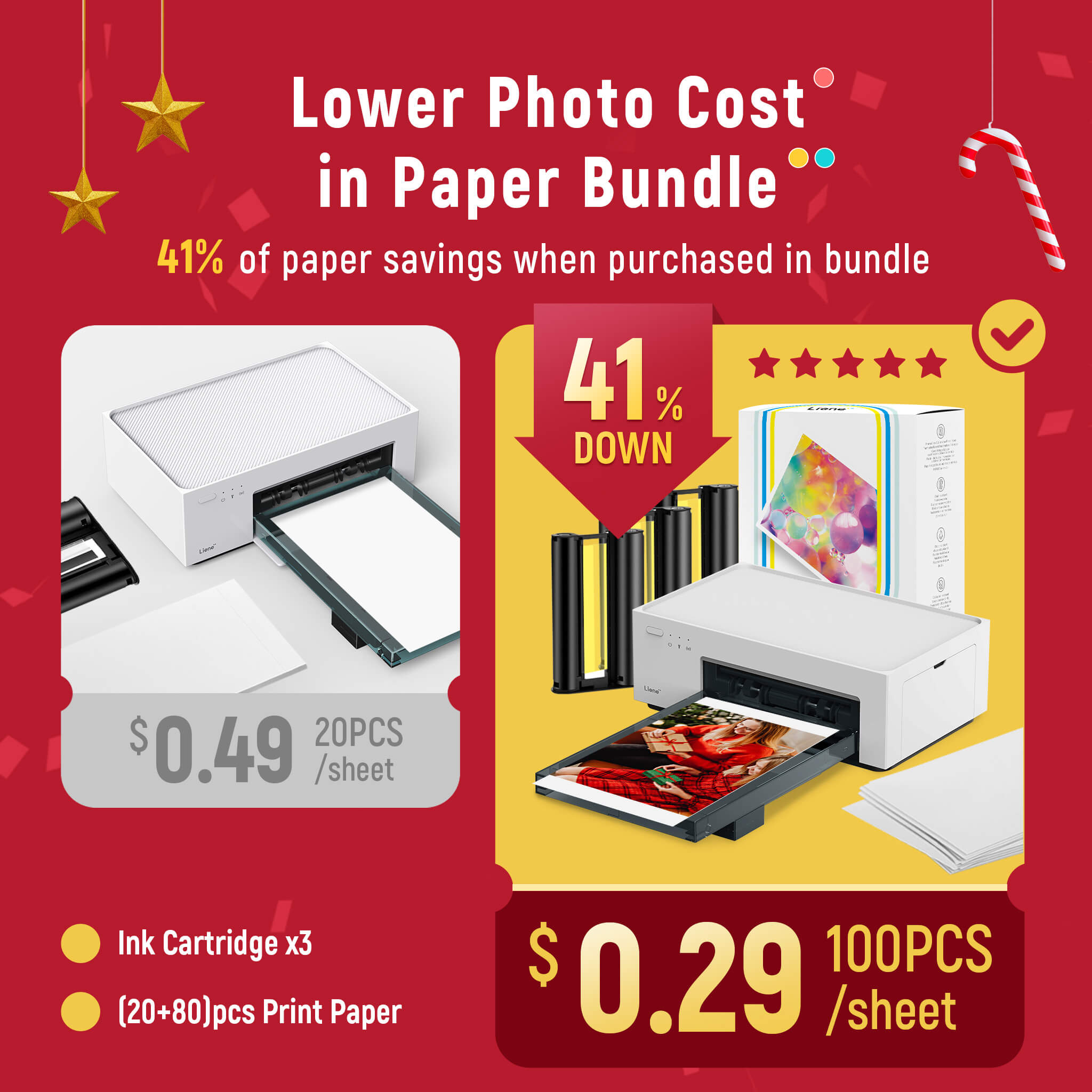Liene Amber 4x6 Instant Photo Printer White (100 Sheets + 3 Cartridges)