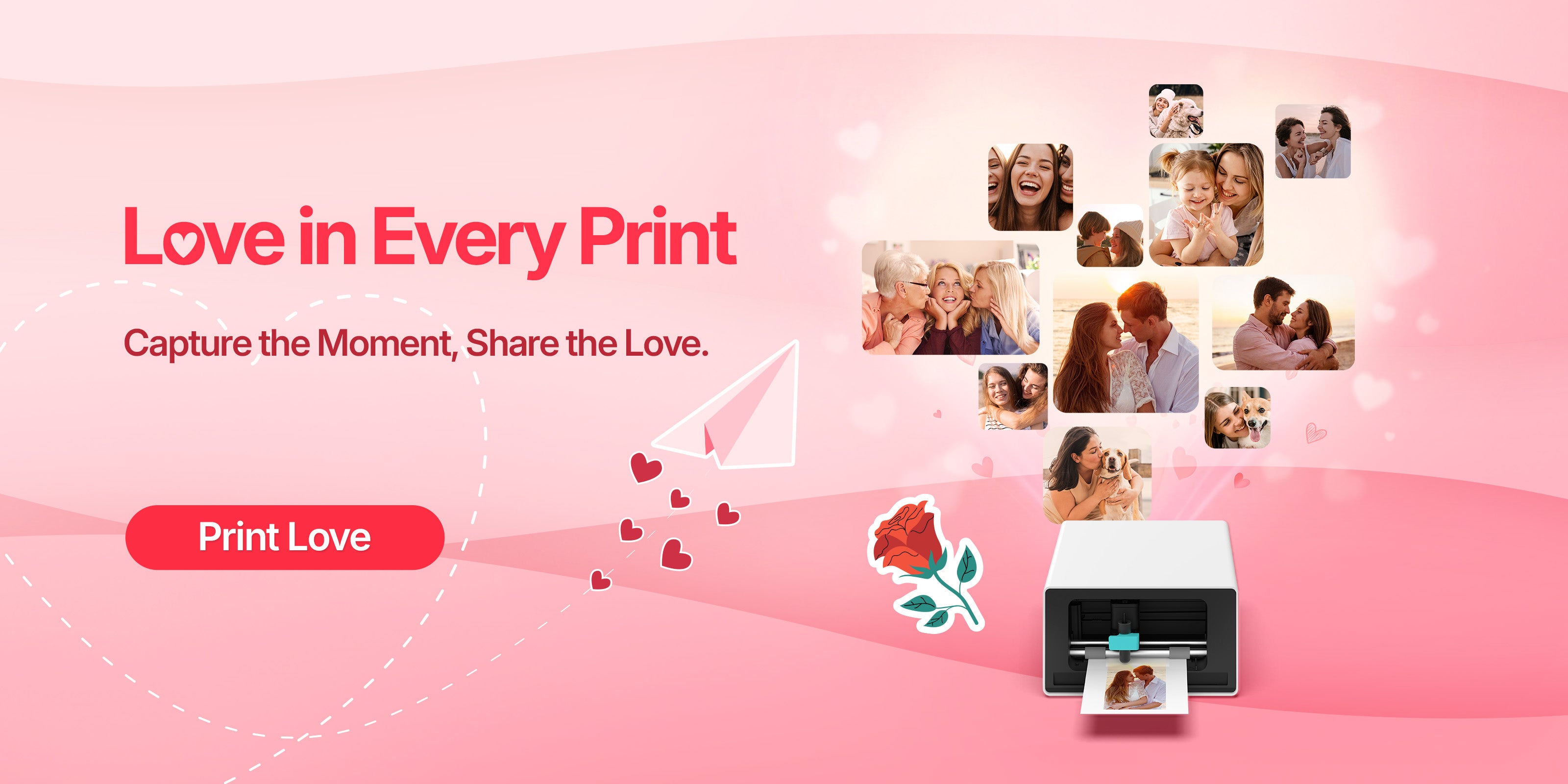 Advertisement for a photo printing service with a pink background, printer, and heart shapes.