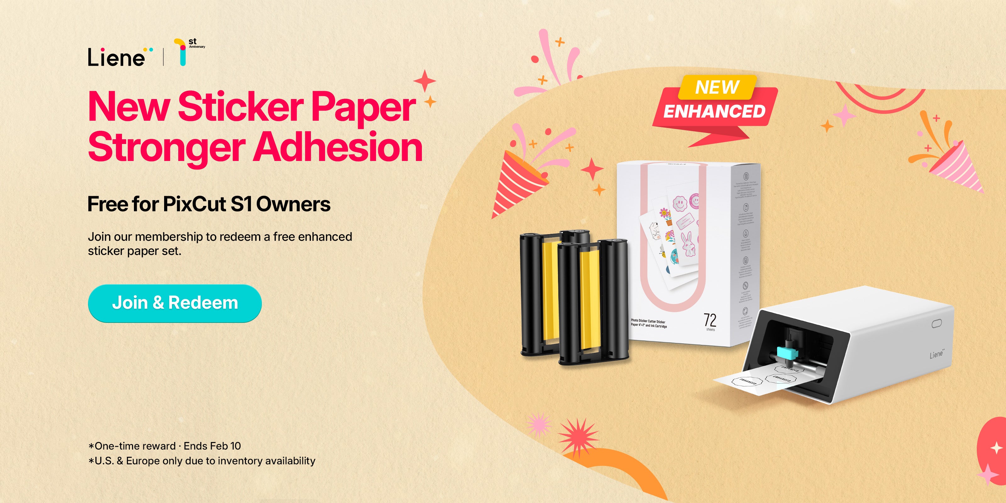 Promotional banner for Lieni sticker paper with printer and paper on a beige background