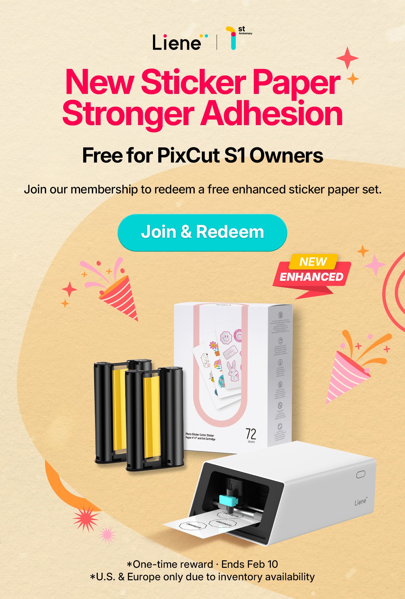 Promotional image for Liené sticker paper with a printer and packaging on a beige background.