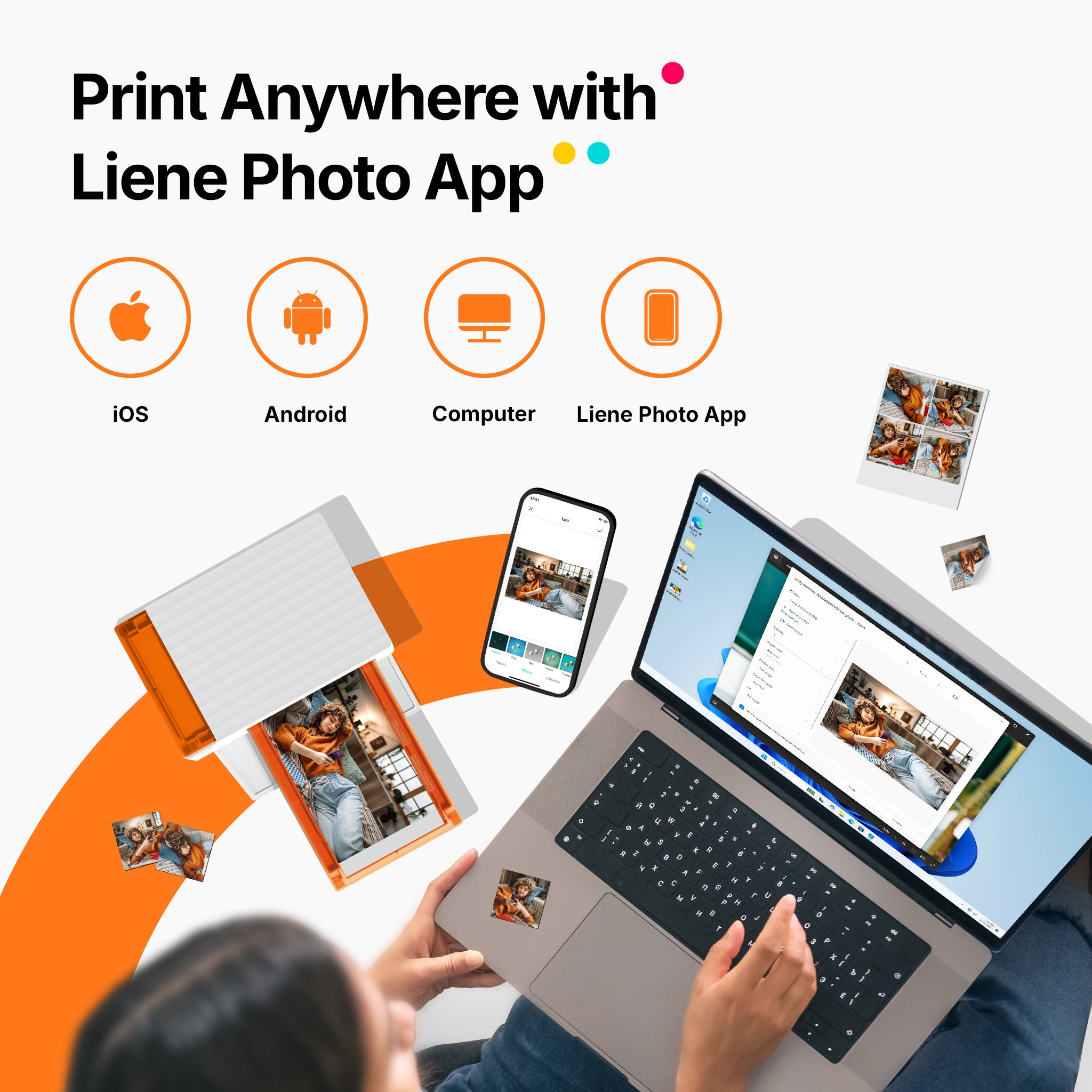 Advertisement for Liene Photo App showing a laptop, phone, and photo book with app icons.