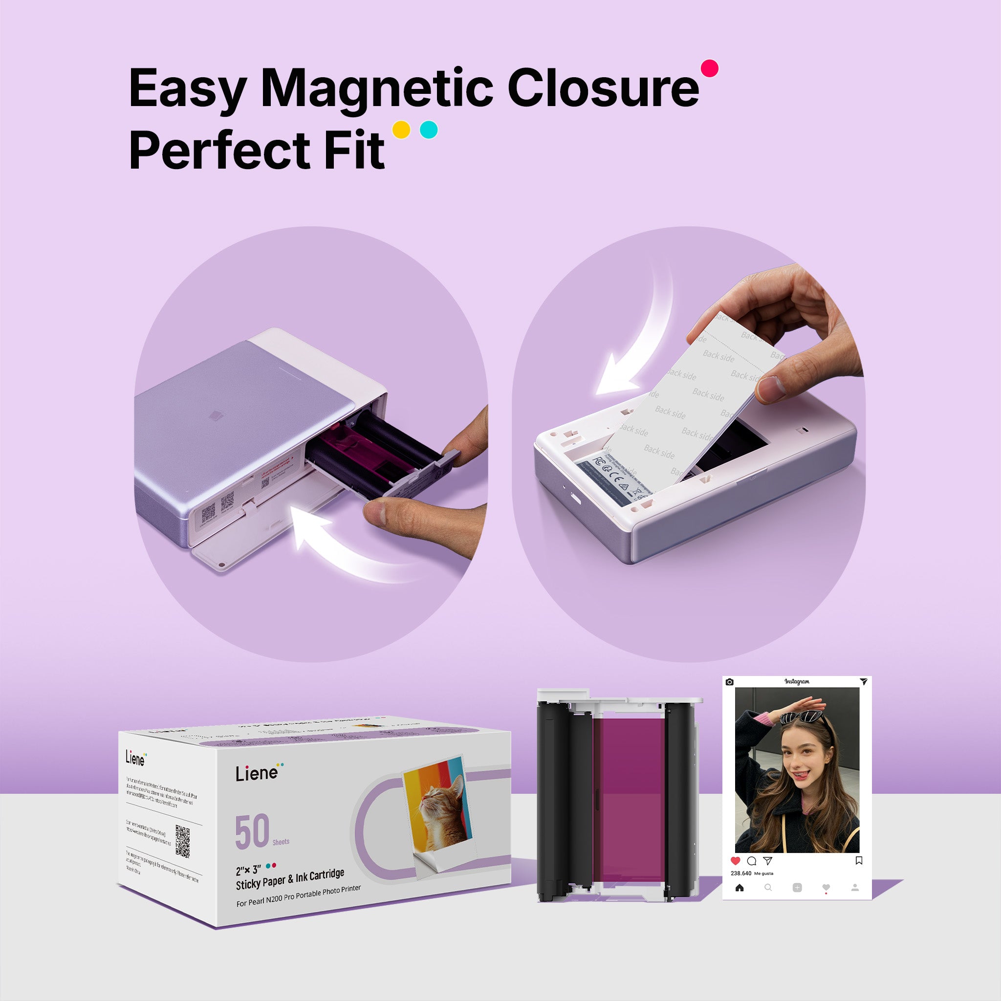 Product packaging with easy magnetic closure feature on a purple background