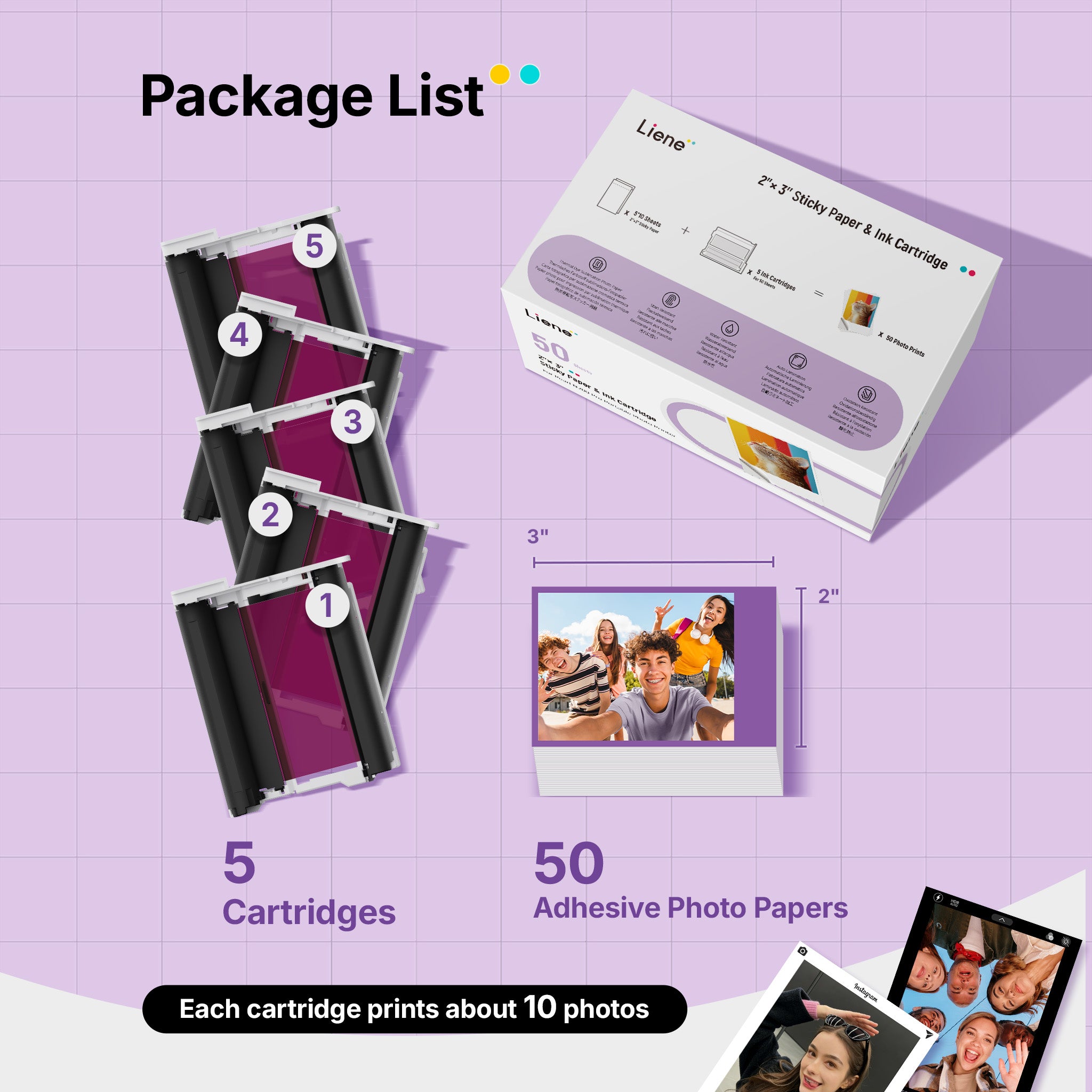 Package list of Liene photo printing cartridges and adhesive photo papers on a purple grid background