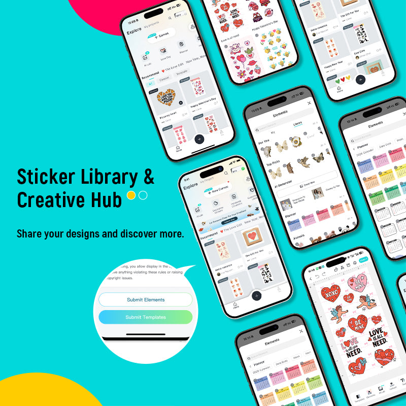 Multiple smartphones displaying a sticker library and creative hub app on a blue background with colorful elements.