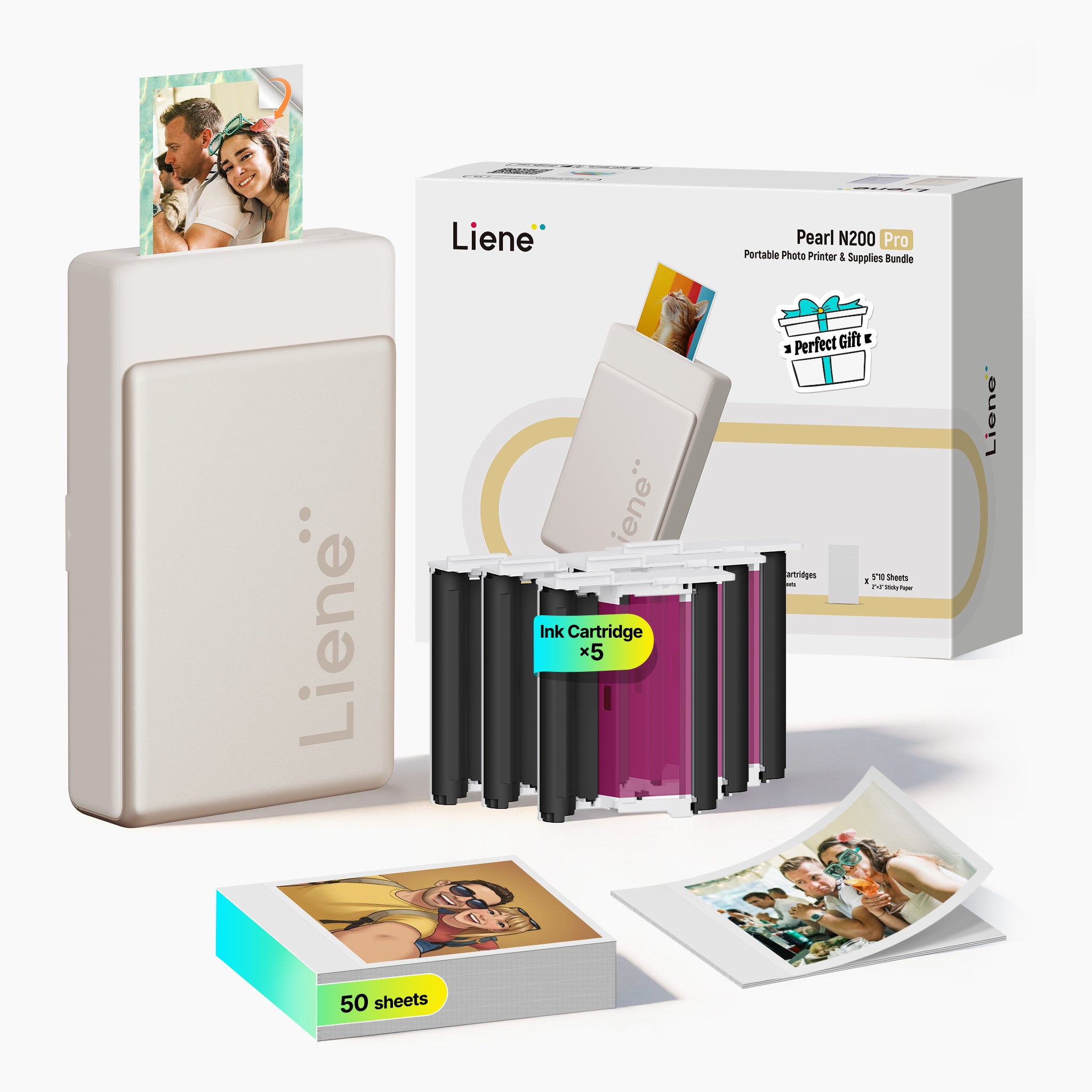 Pearl N200 Pro Portable Photo Printer & Supplies Bundle (50 Sticker Papers) - Gold