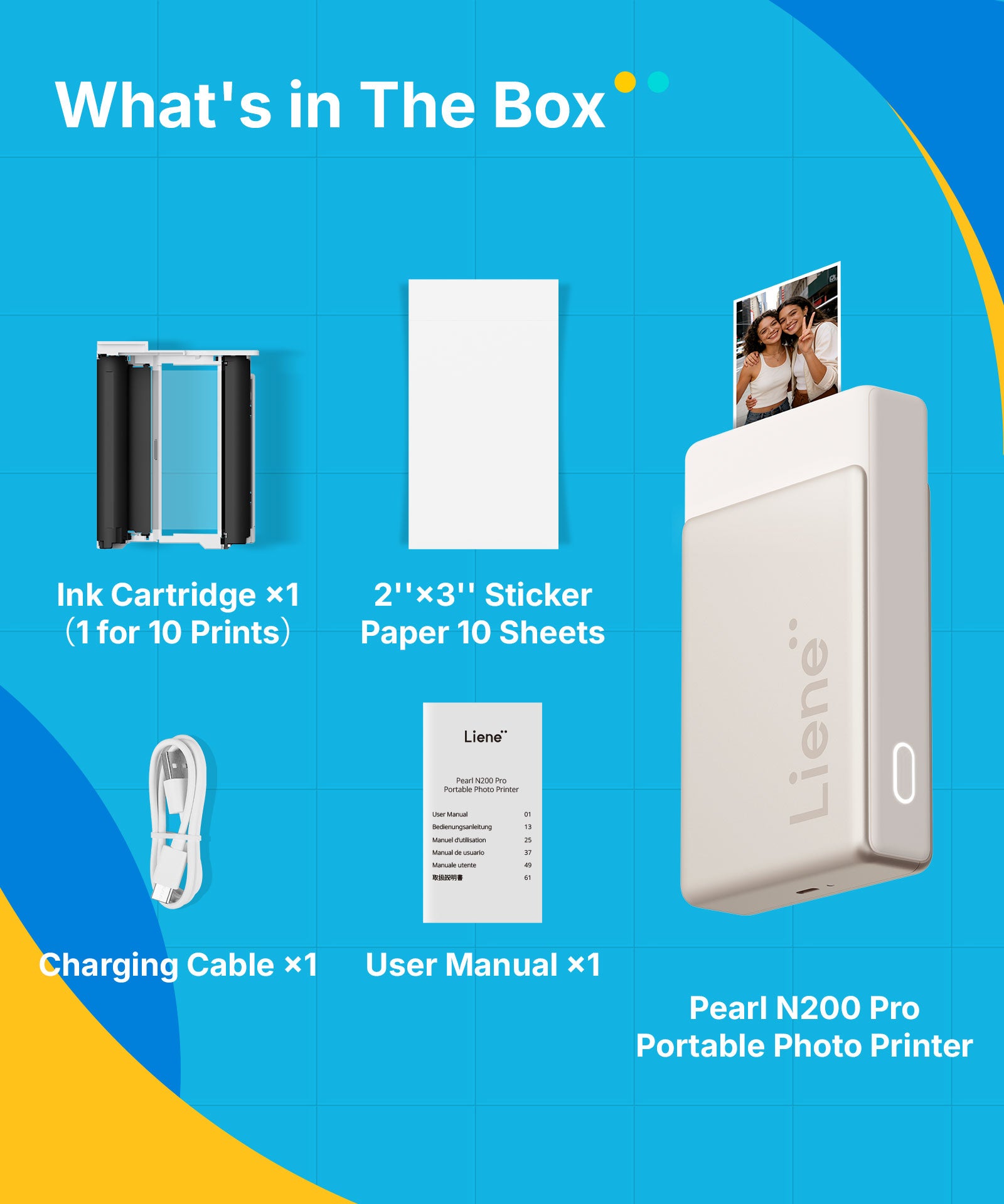 Product packaging with a portable photo printer, ink cartridge, sticker paper, charging cable, and user manual on a blue background.