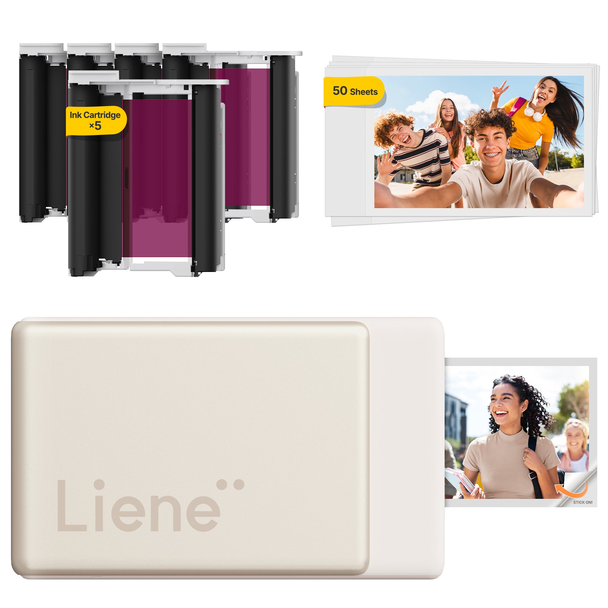 Liene photo printer with ink cartridges and photo prints on a white background