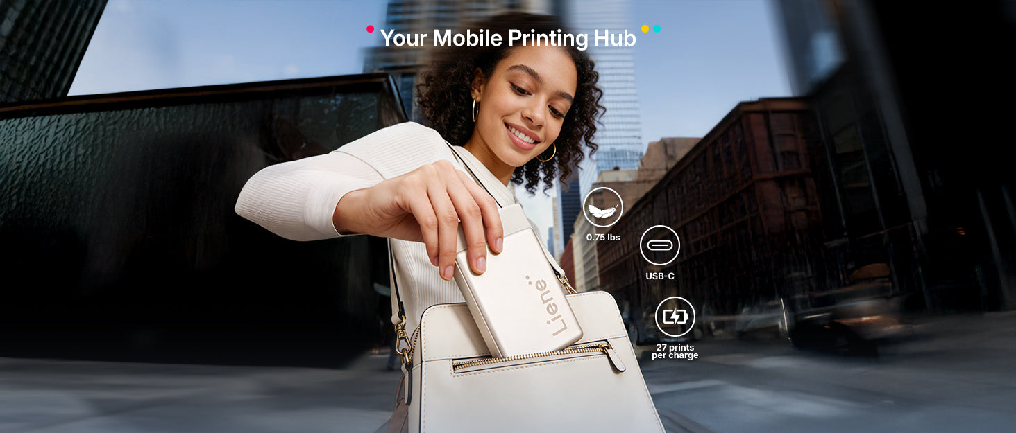 Woman holding a Liene Pearl N200 Pro portable printer with cityscape background