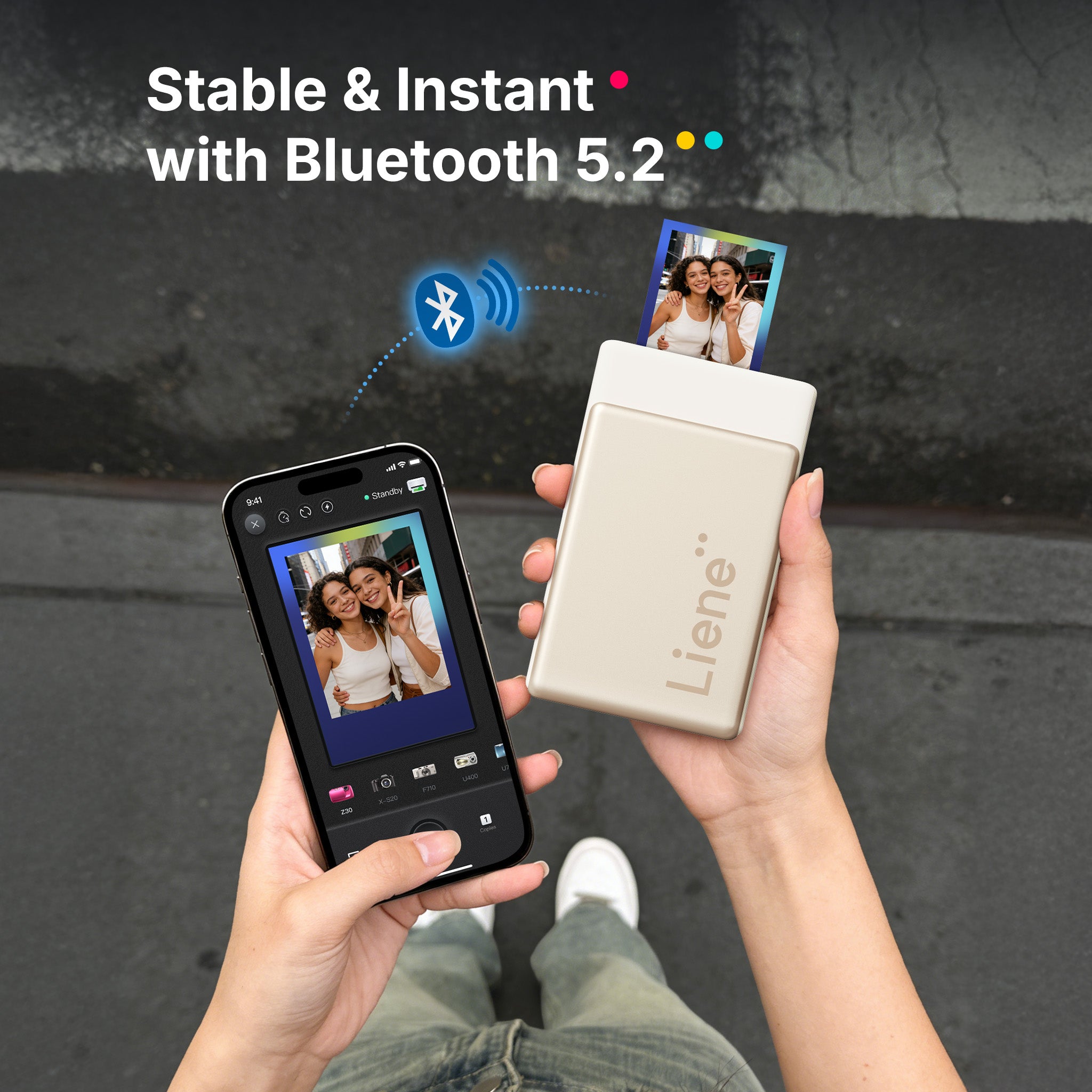 Person holding a phone and a Lien device with Bluetooth 5.2 connectivity text.