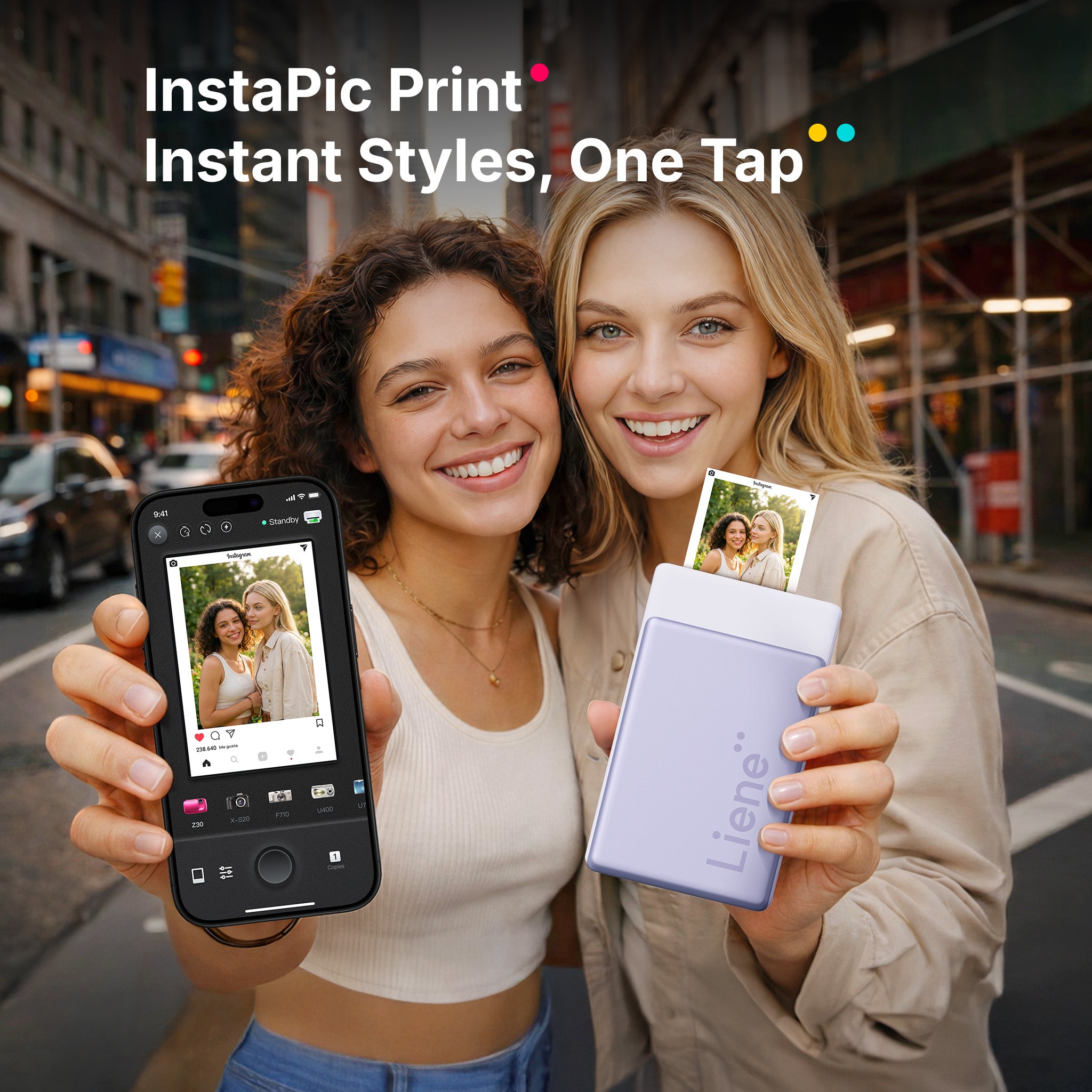 Two women holding a phone and a portable photo printer with 'InstaPic Print' text above them.