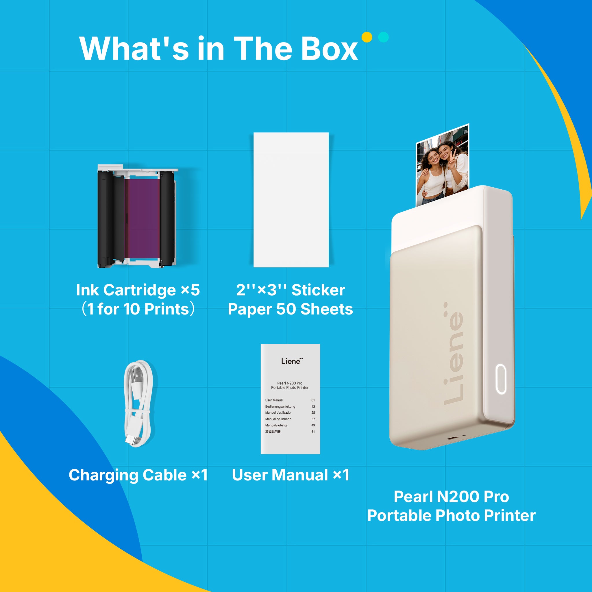 List of items included in a box with a portable photo printer, ink cartridge, and accessories on a blue background.