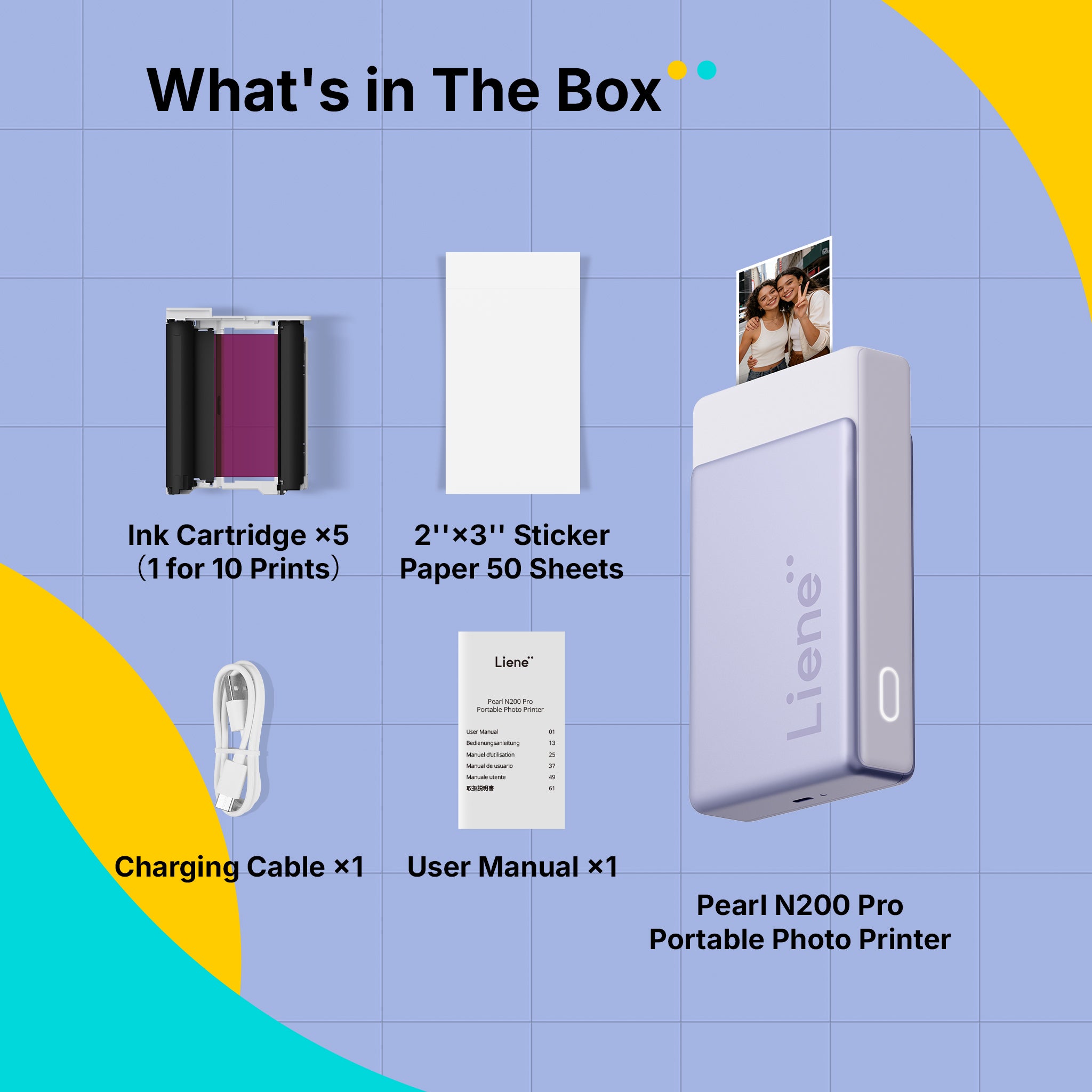 List of items included in a box with a portable photo printer, ink cartridge, and paper on a blue background.