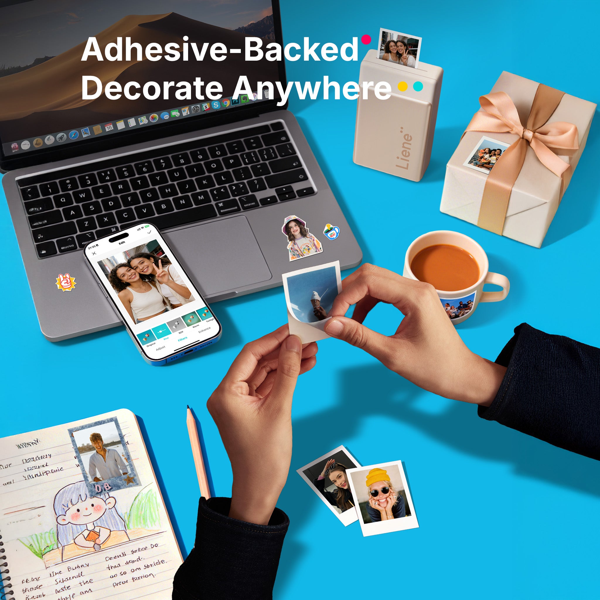 Hands applying adhesive-backed photos to various surfaces with text 'Adhesive-Backed Decorate Anywhere'.