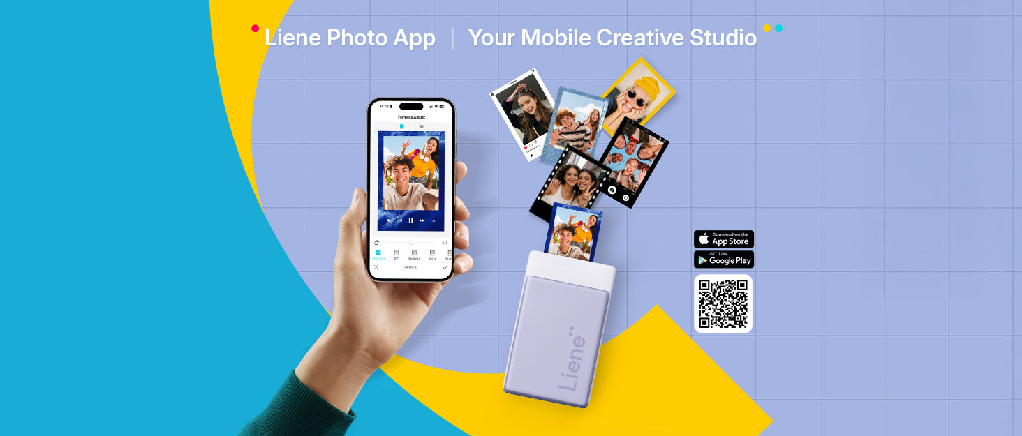Hand holding a phone with Liene Photo App displayed, surrounded by photo prints and a printer on a blue and yellow background.
