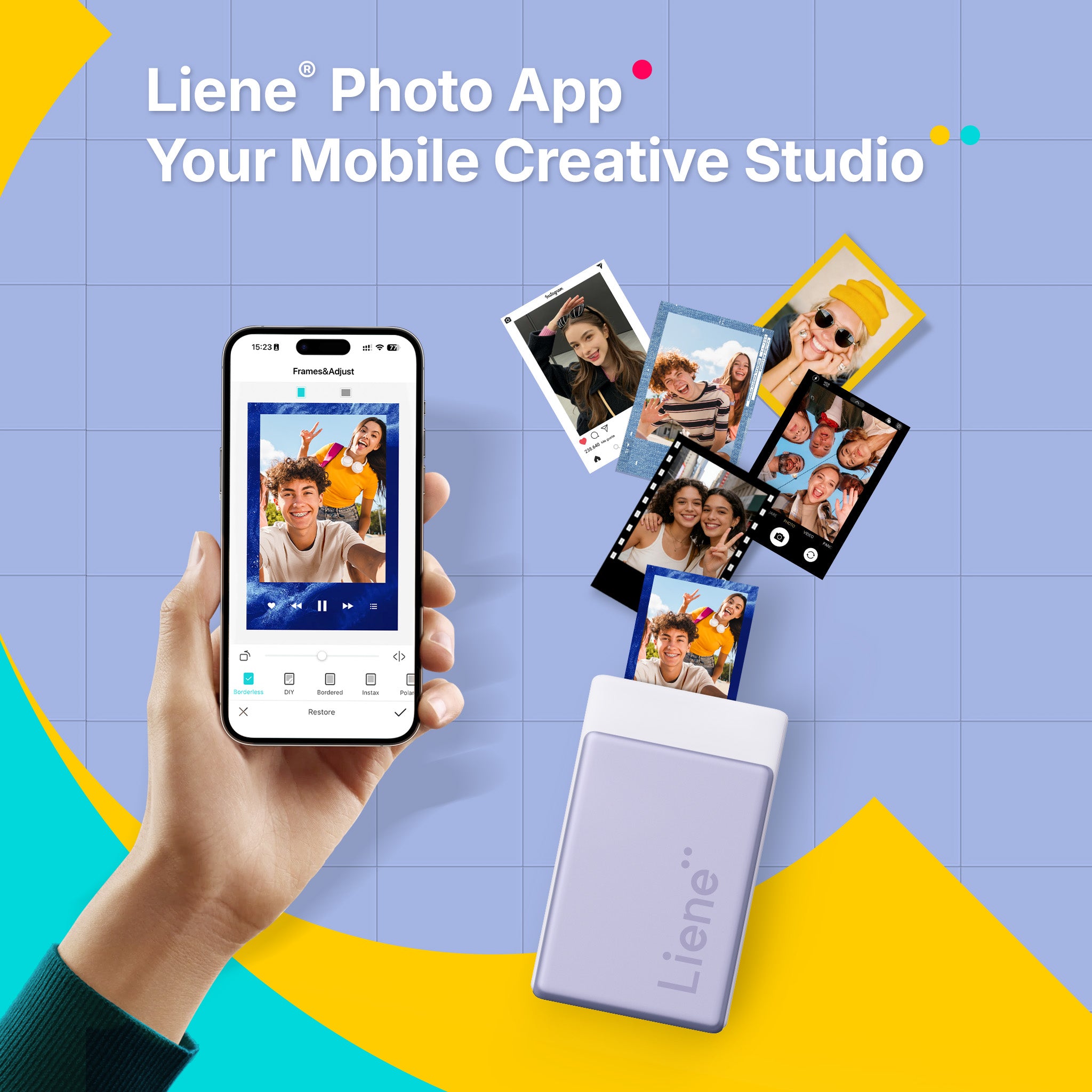 Hand holding a smartphone with Liene Photo App displayed, showing edited photos on a blue and yellow background.