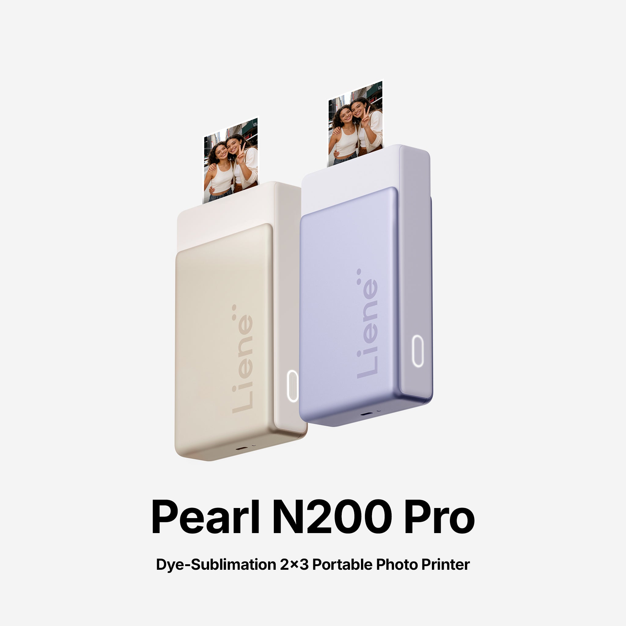 Two portable photo printers, Pearl N200 Pro by Lienee, on a white background with printed photos.