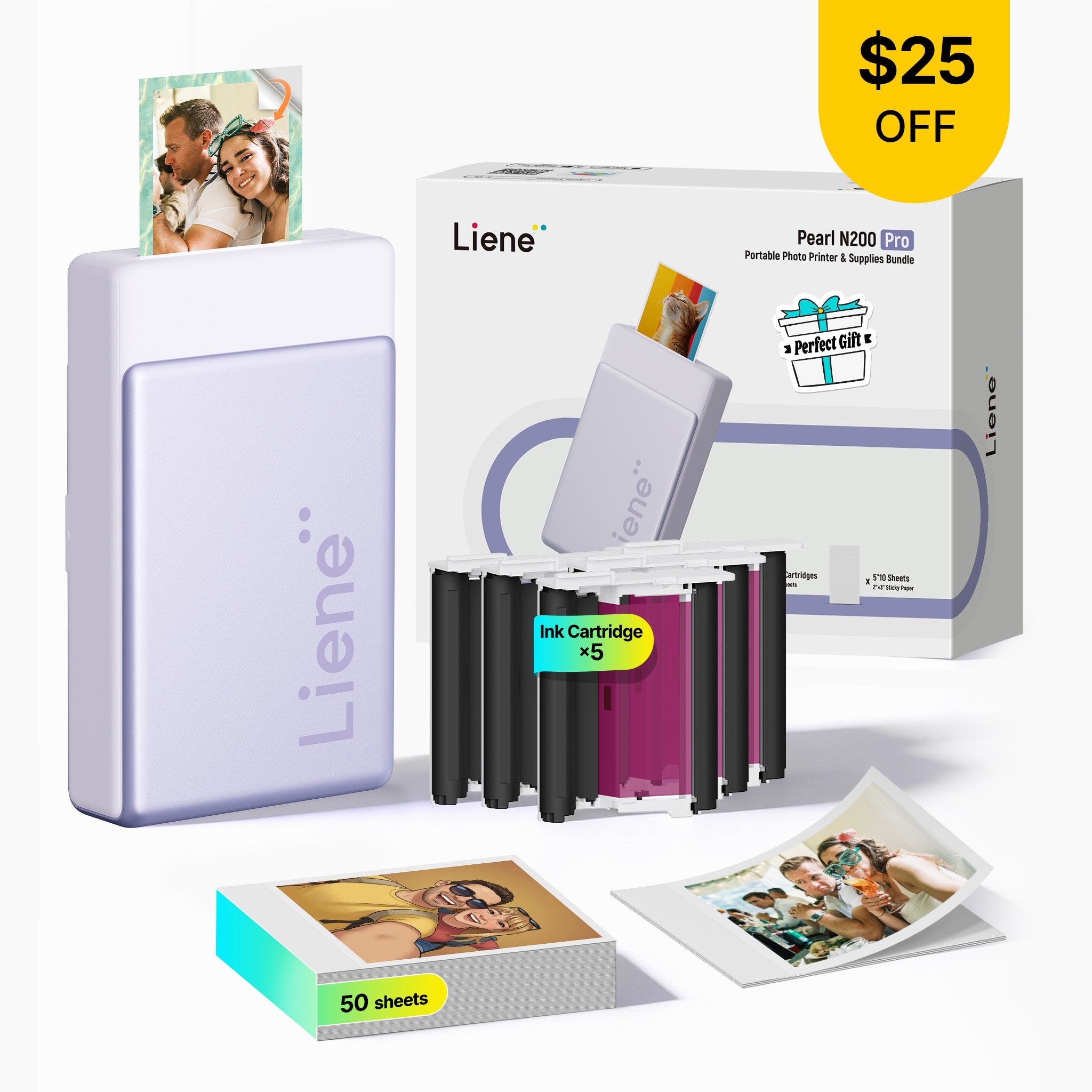 Pearl N200 Pro Portable Photo Printer & Supplies Bundle (50 Sticker Papers) - Purple