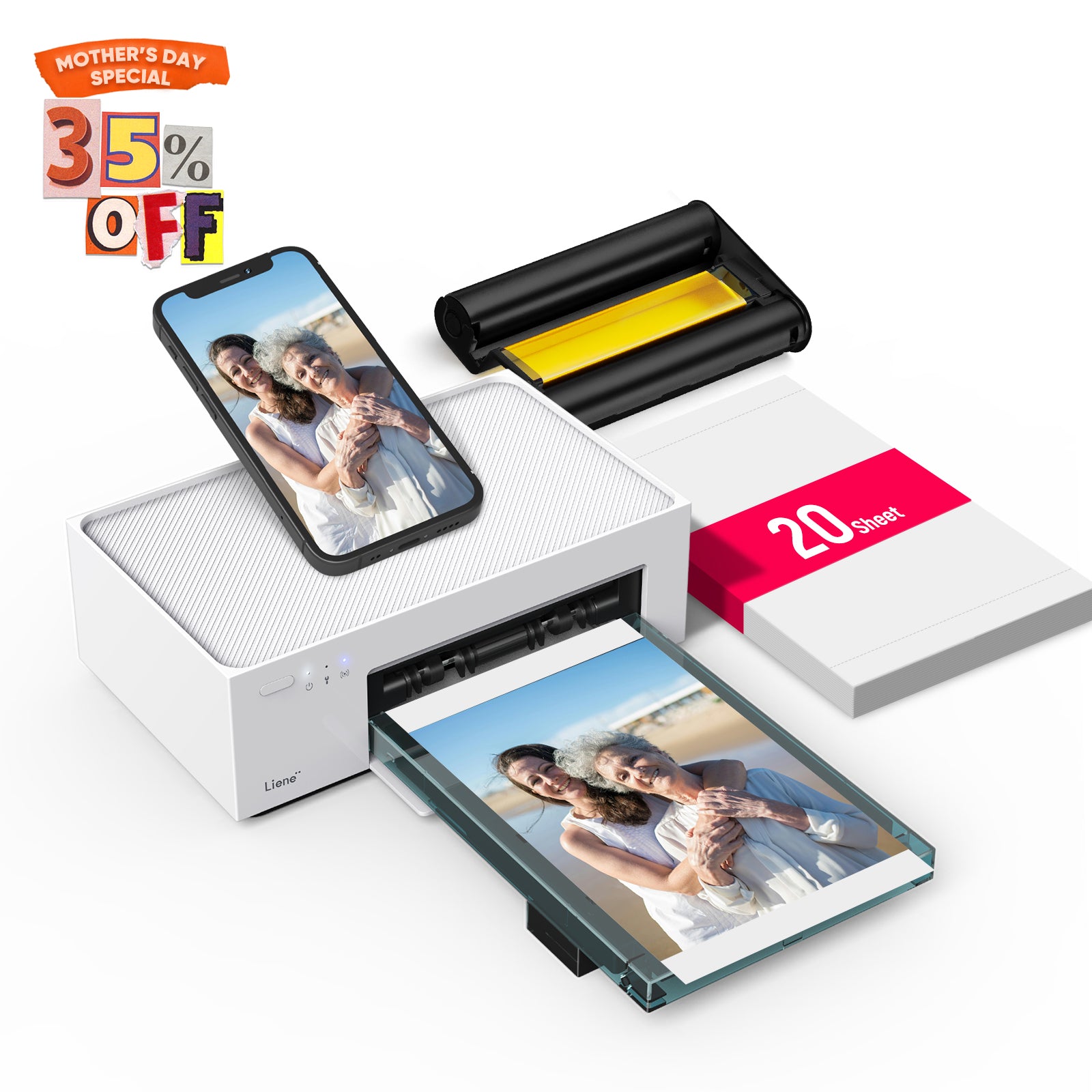 Liene Amber 4x6" Instant Photo Printer White (20 Photo Papers + 1 Cartridge)
