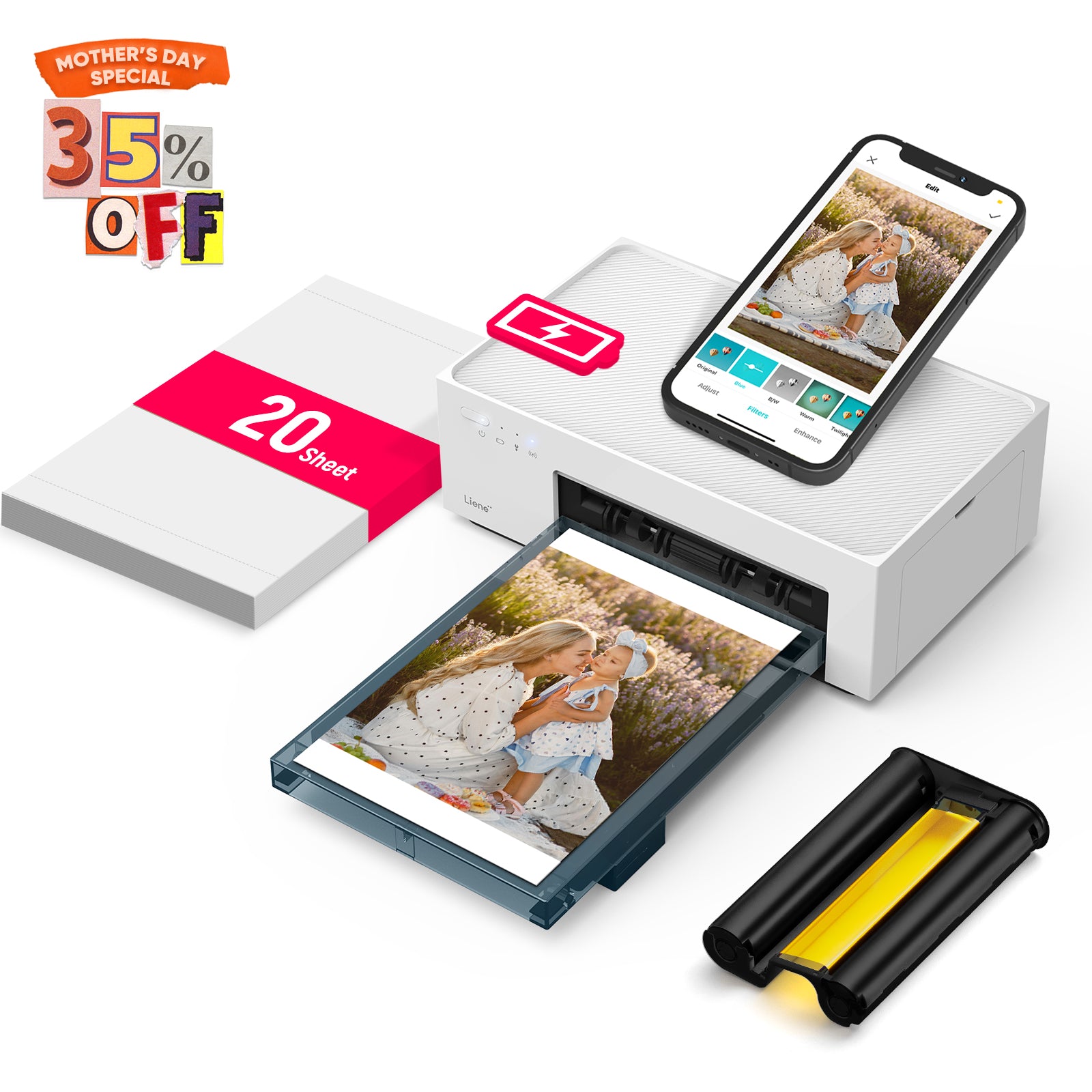 Liene Amber Instant Photo Printer White Built-in Rechargeable Battery M200