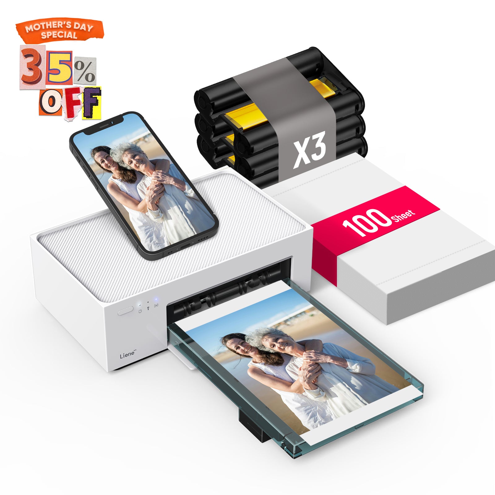 Liene Amber 4x6" Instant Photo Printer White (100 Sheets + 3 Cartridges)