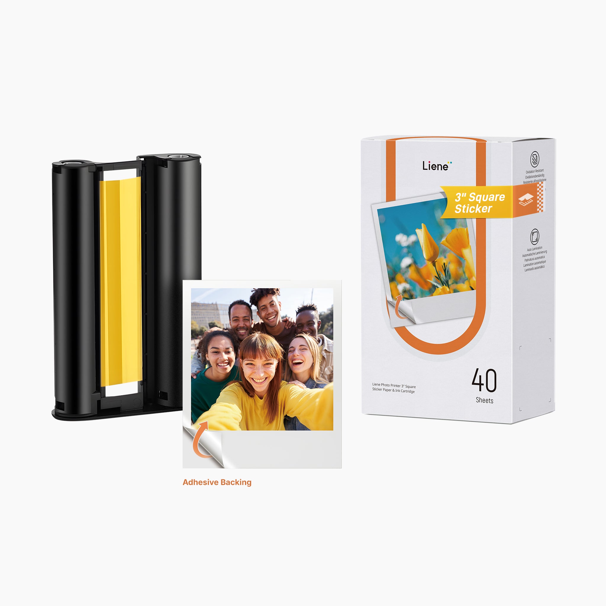 Packaging of Liené photo album with adhesive backing and a box of square stickers on a white background.